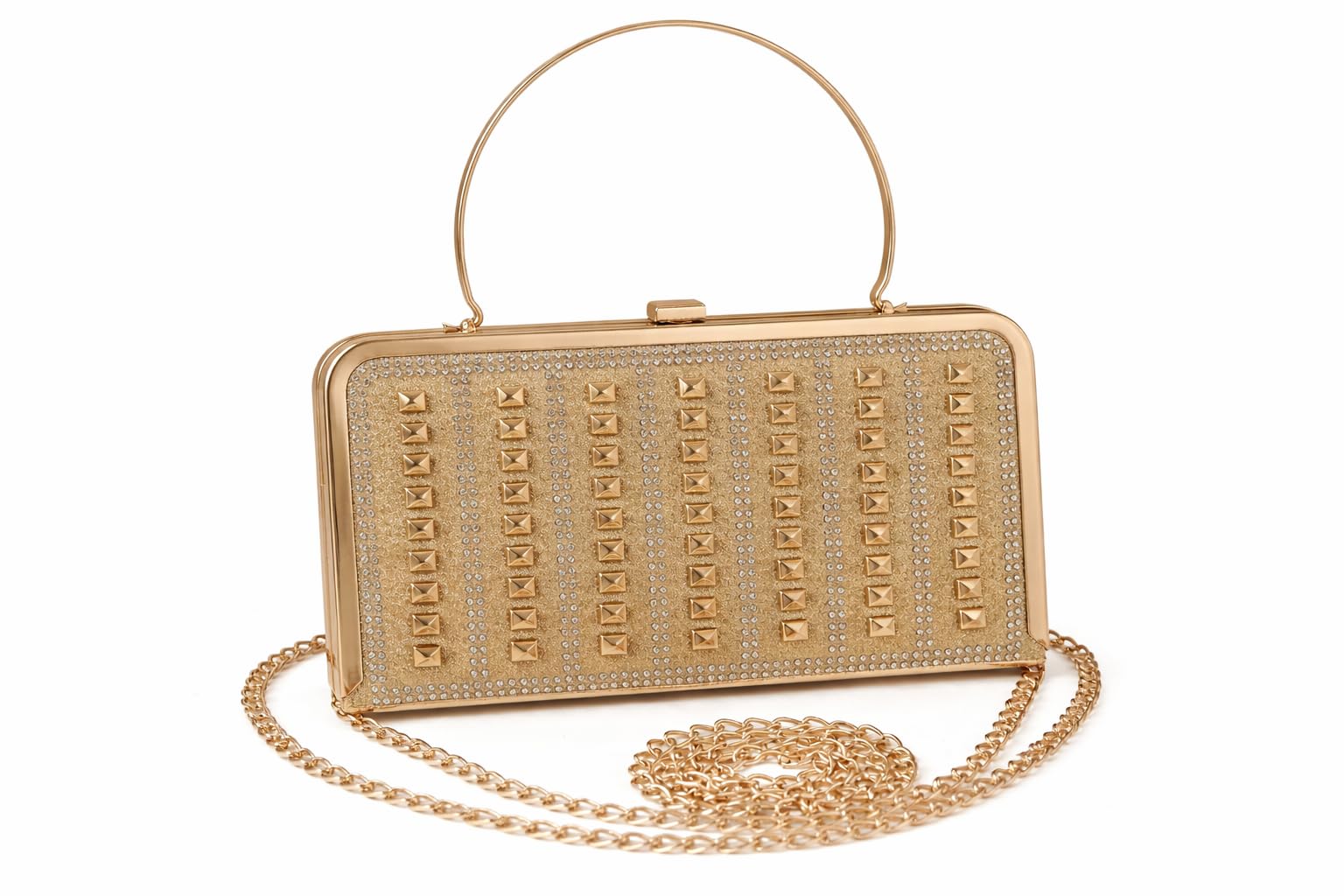 Gold Studded Clutch for Women, Hard Case Evening Bag with 24-Inch Chain Strap, Sparkling Stone Embellished Purse for Wedding, Bridal & Festive Occasions-image-20