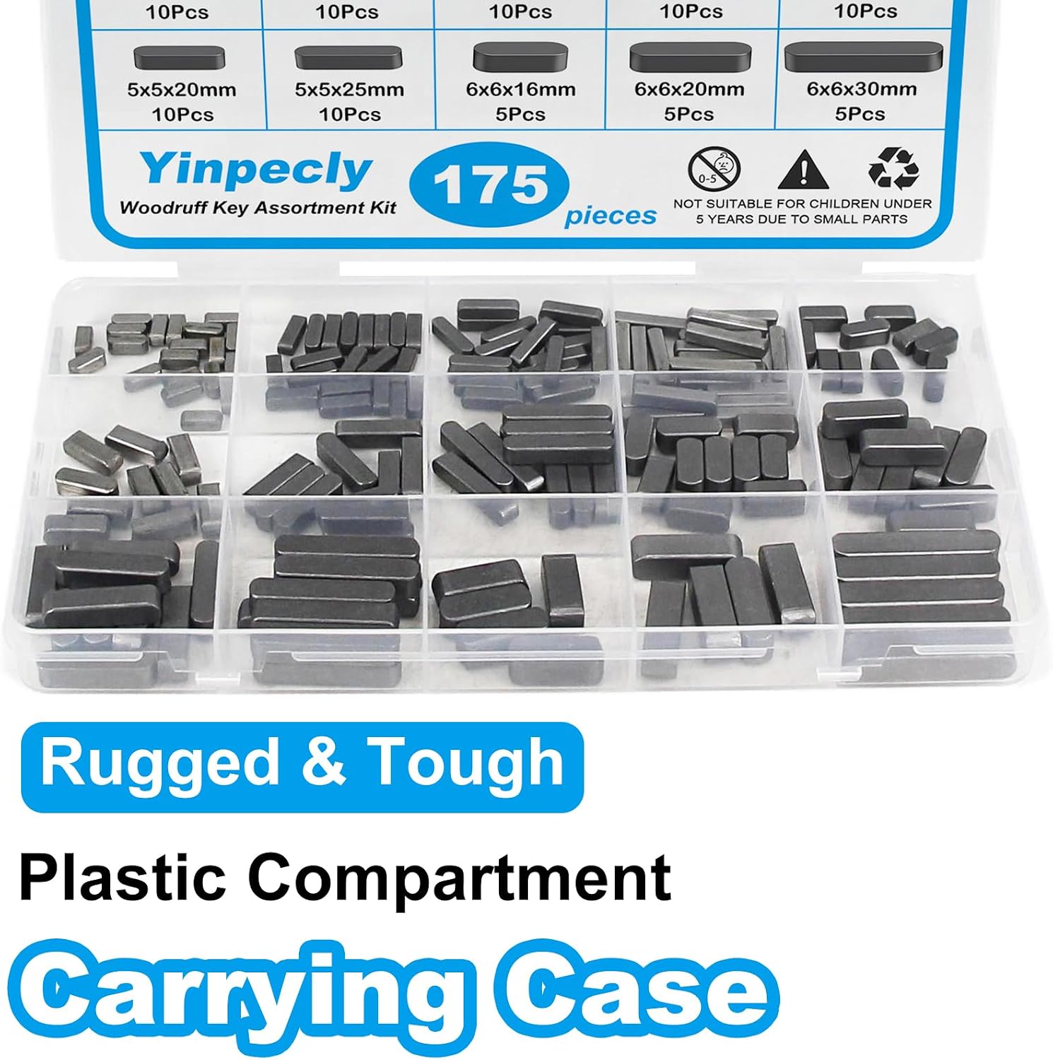 175pcs Woodruff Key Stock Assortment, 15 Size Popular Sizes Carbon Steel Round Ended Feather Key, Parallel Drive Shaft Keys Set Kit for Fasteners Mechanical Industry Crankshaft