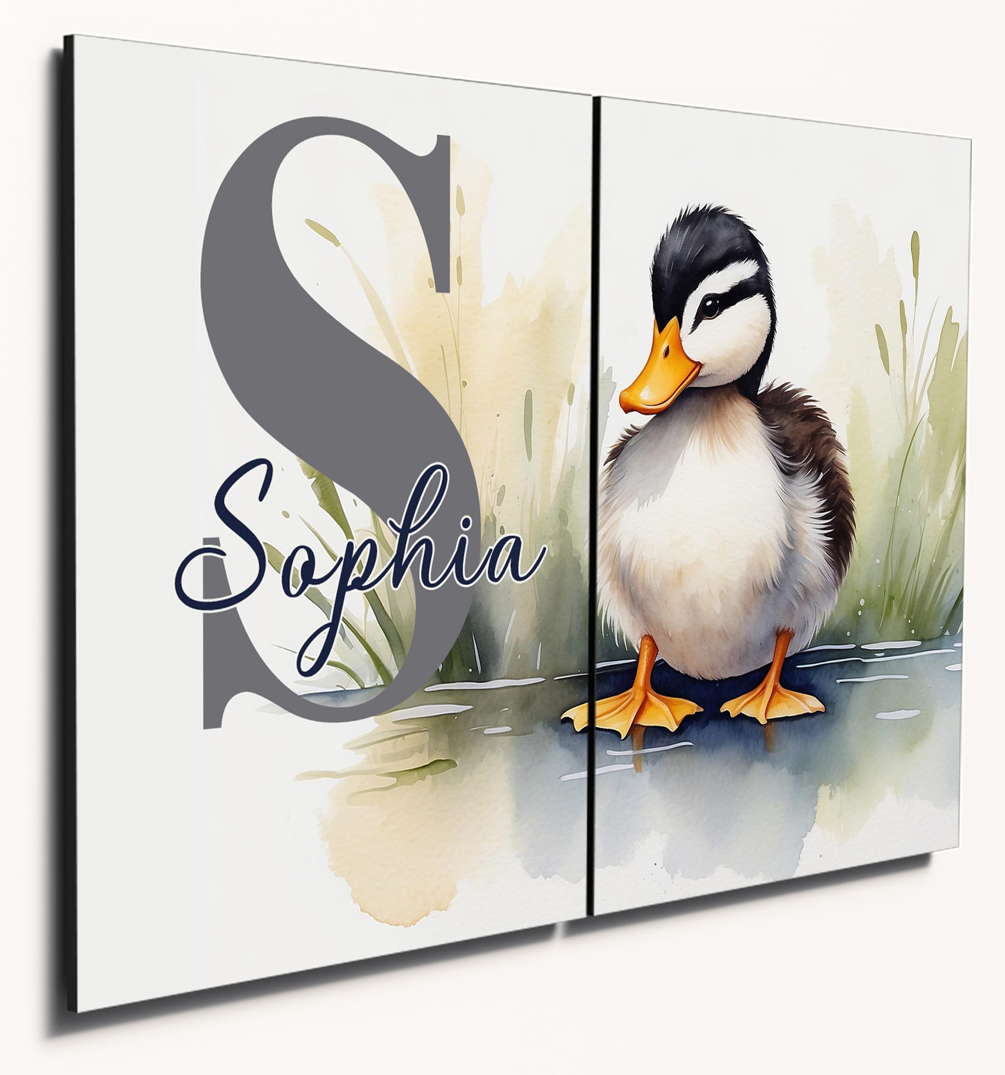The Plum Penguin Duckling Personalised Pastel Duck Watercolour Wall Art, A4 Wooden Mdf Panels, Kids Bedroom Decor Canvas Alternative 40 X 30Cm