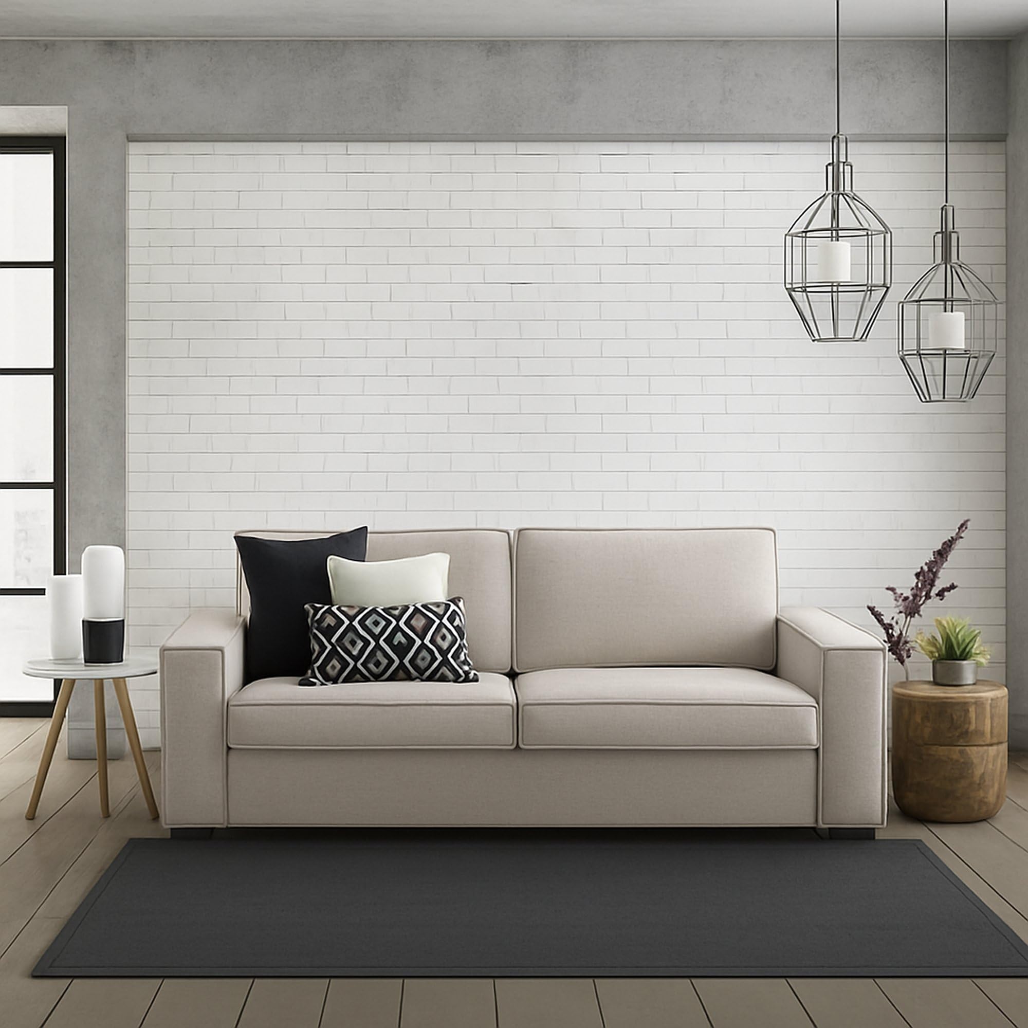 Dmora Divano Fisso 3 posti Alba, Sofà Soggiorno in Tessuto, Braccioli Slim, 100% Made in Italy, Cm 200x95h90, Tortora