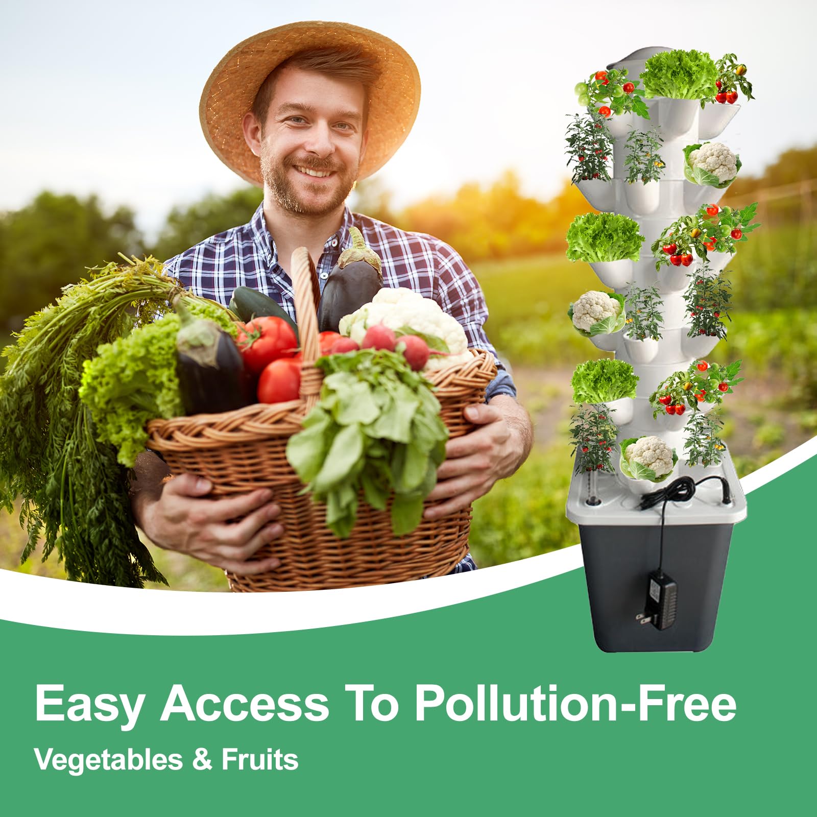 Système de culture hydroponique, tour hydroponique, 30 pods, Aeroponic Tower Garden pour herbes, fruits et légumes en intérieur, kit de culture de légumes avec réservoir d'eau de 10 litres et pompe