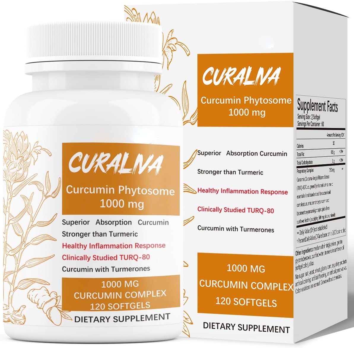 CURALIVA - Curcumin Phytosome 1000 mg - Clinically Studied High Absorption Curcumin Complex - Supports Health in Joints, GI Tract, Liver,Muscles & Immune Health Support - 120 Capsules - 60 Servings