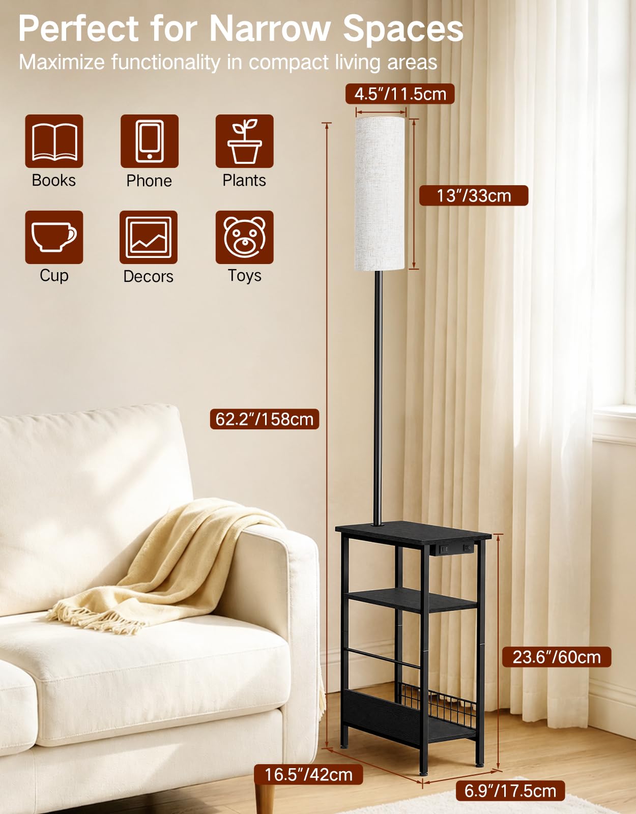 Lámpara de Pie con Mesa y Puertos USB-A/USB-C | Mando a Distancia, 3 Temperaturas de Color, Regulación Continua y Diseño Estrecho para Dormitorio y Salón