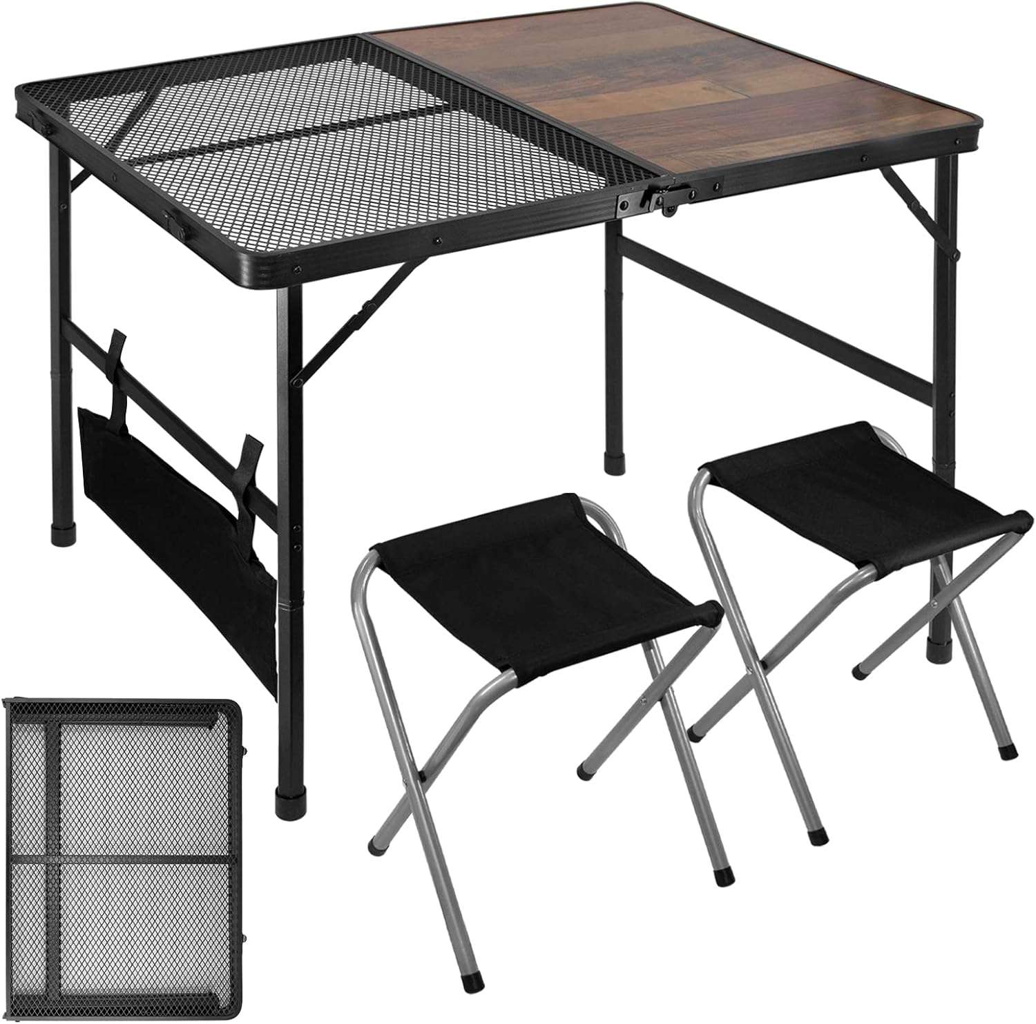 RUN.SE Camping Table, Folding Table, Portable Grill Table with 2 Stools