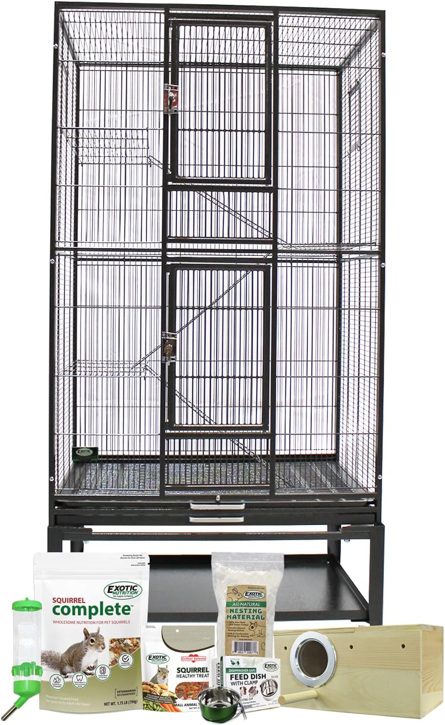 Congo Cage & Starter Package for Squirrels - Includes Durable Cage, Healthy Food, Natural Treat, Water Bottle, Food Dish, Nest Box & Bedding