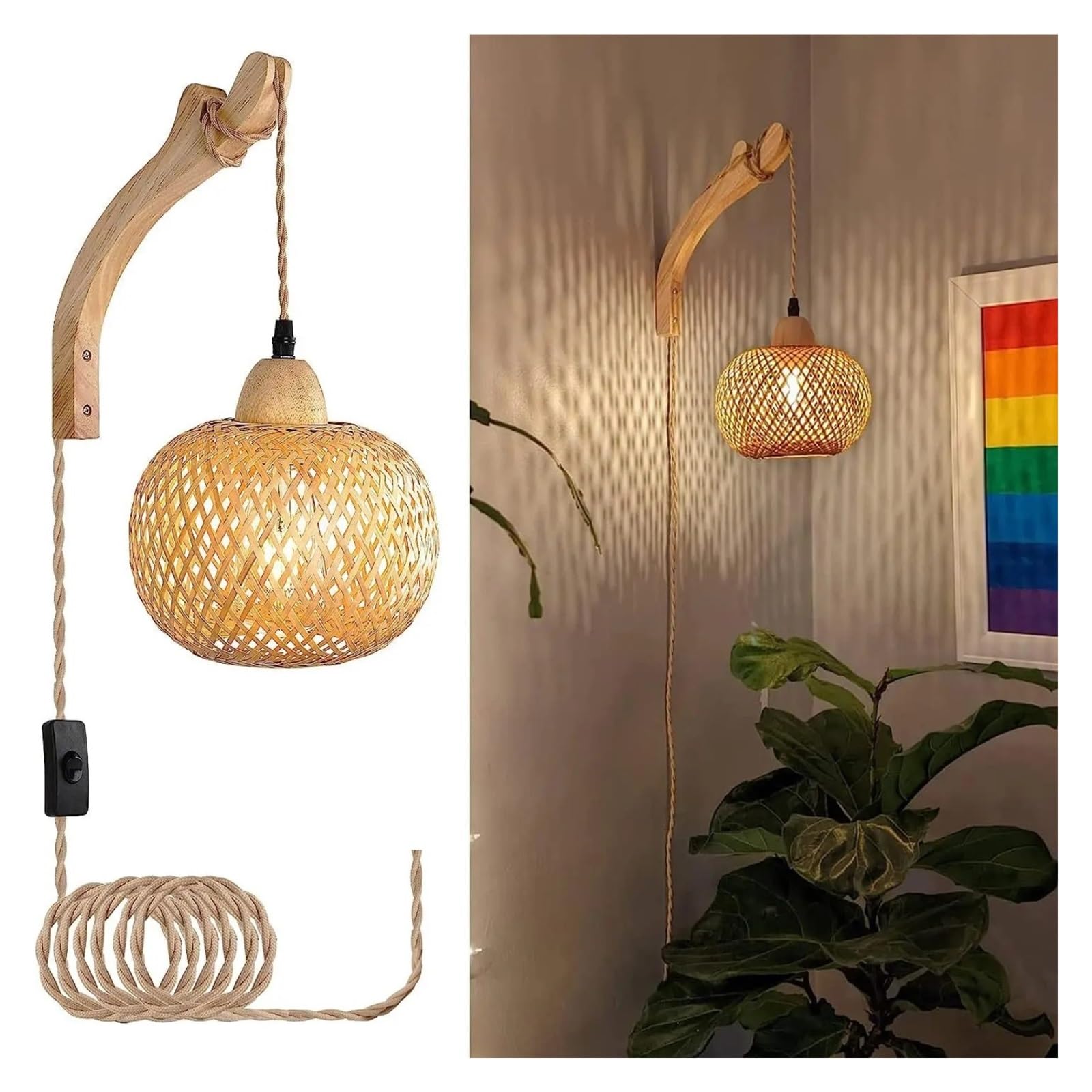 Lampa Ścienna Z Bambusa, Lampion, Naturalny Rattan, Wiklina, Żyrandole E27, Ręcznie Tkane Bambusowe Abażury Do Dekoracji Pokoju, Oprawy Ścienne Elastyczna Regulacja