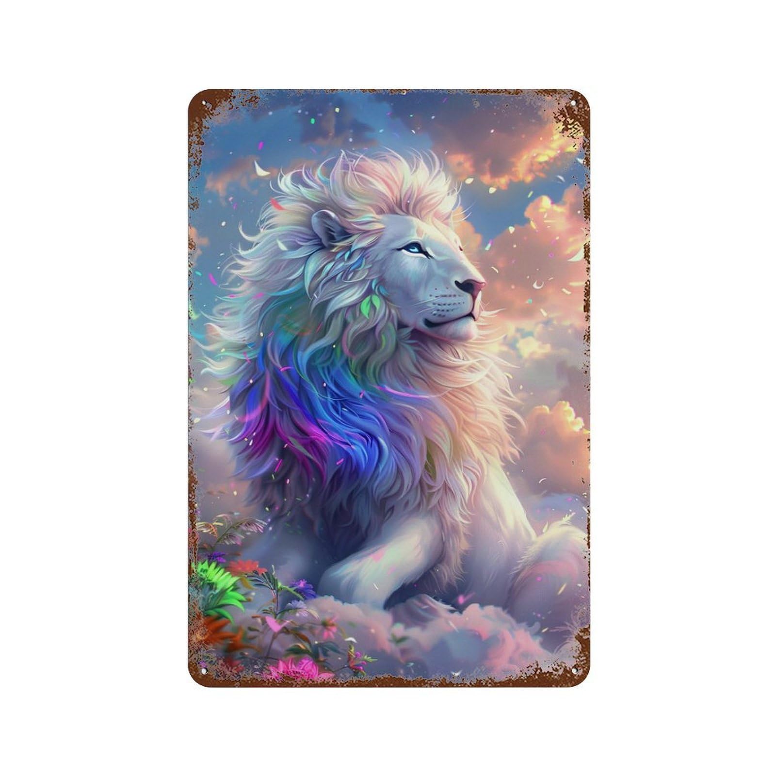 Colorful Fantasy Lion Art Print-1 Weathered Tin Sign 11.8"x7.9", for Patio, Garden Room And Bar Decor, Farmhouse Wall Decor