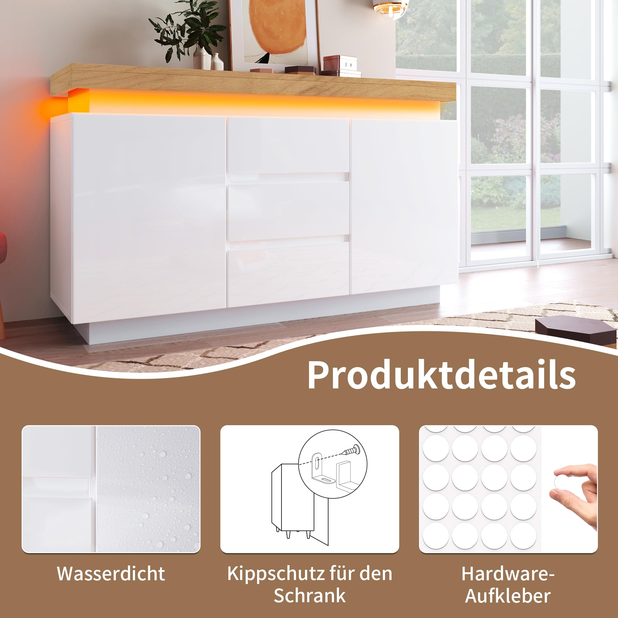 Kayan Kommode, Hochglanz Sideboard mit 2 Türen und 3 Schubladen, LED Beleuchtung (App Control), Mehrzweckschrank für Wohnzimmer und Schlafzimmer, 140 x 39 x 81 cm, Weiß