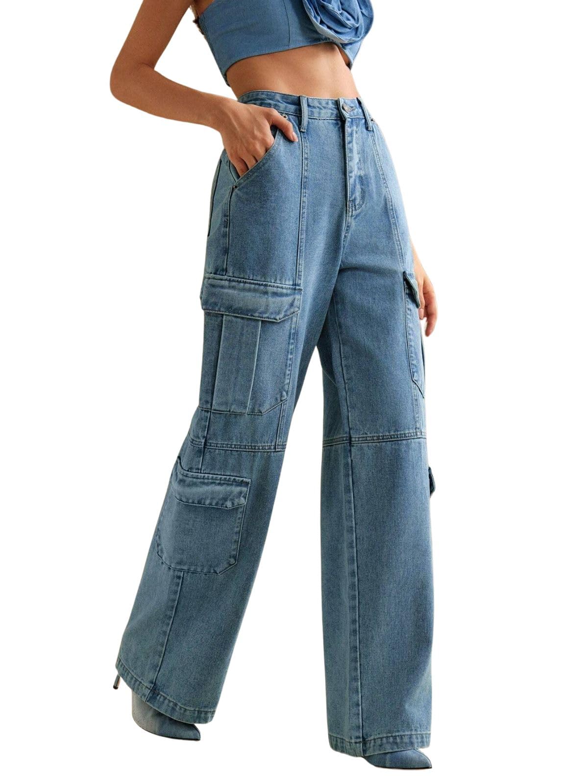 GRECIILOOKS Cargo Jeans for Women – Wide Leg High Waist Baggy Denim Pants | Casual Fit Trousers with Utility Pocket Design