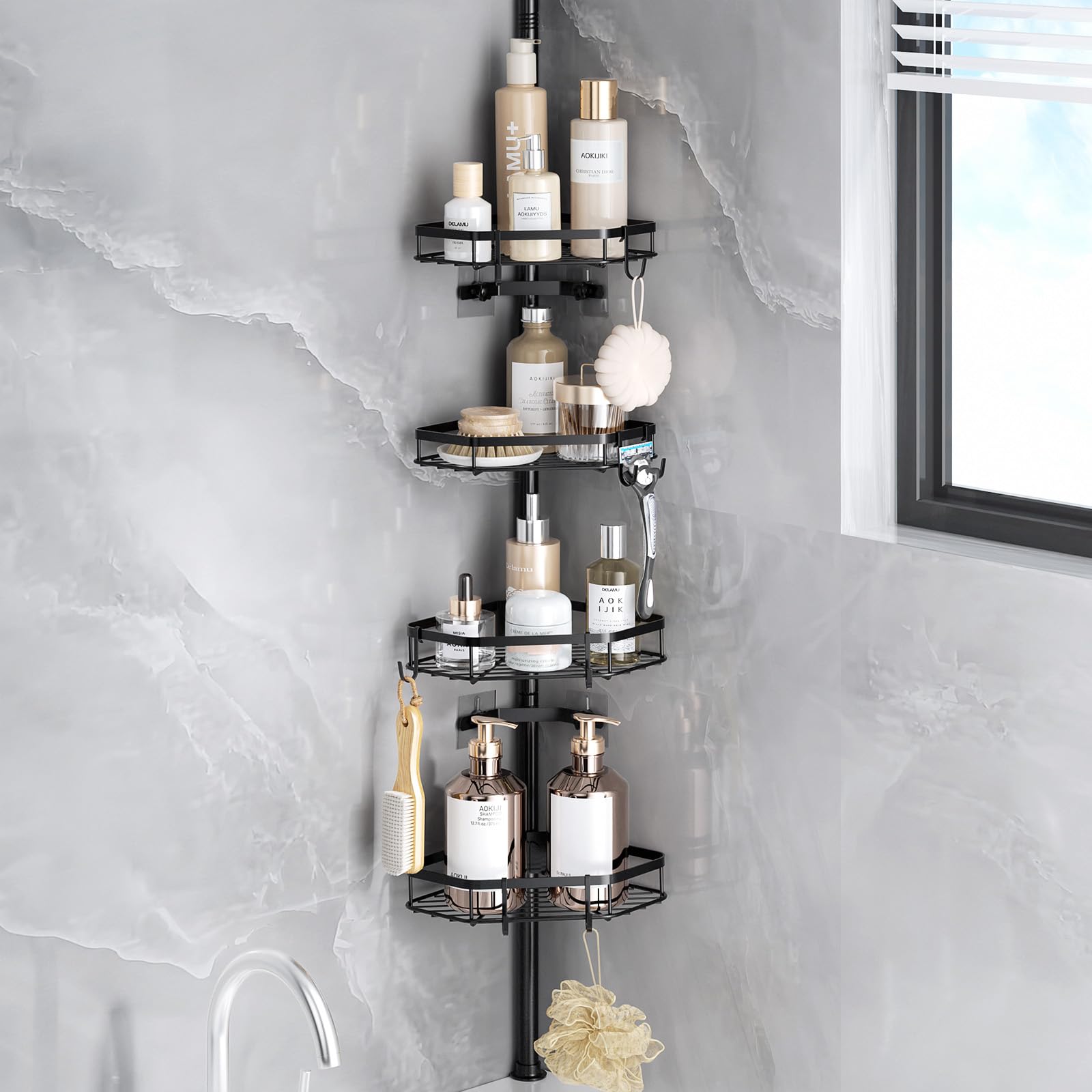 LAMU Shower Caddy Tension Pole with Adjustable Height 4 Tier Baskets Hooks Corner Shower Caddy Tension Pole for