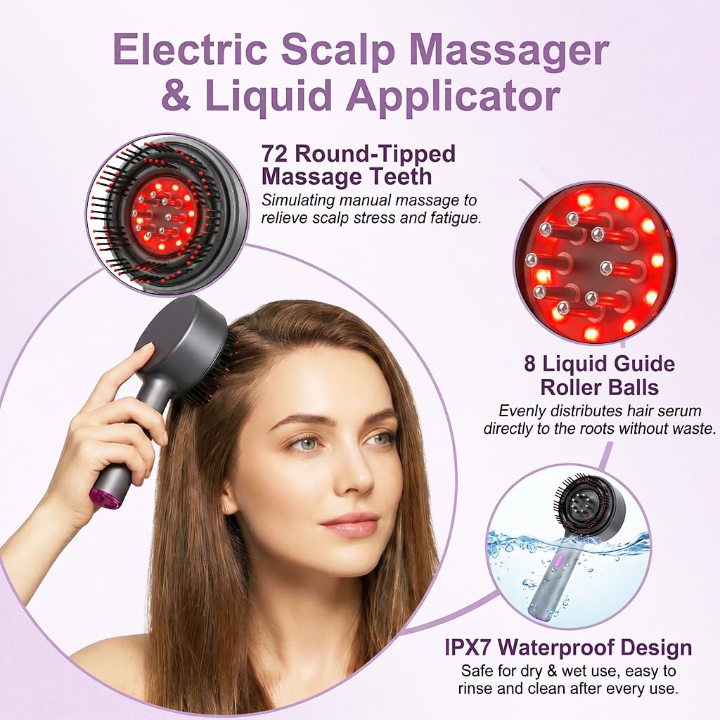 Brosse Massage Cuir Chevelu 3 en 1 Brosse Massante Cuir Chevelu Scalp Massager Masseur Tete Lumière Rouge & Applicateur d'Huile 6ml pour Soin Détendre Musculaire