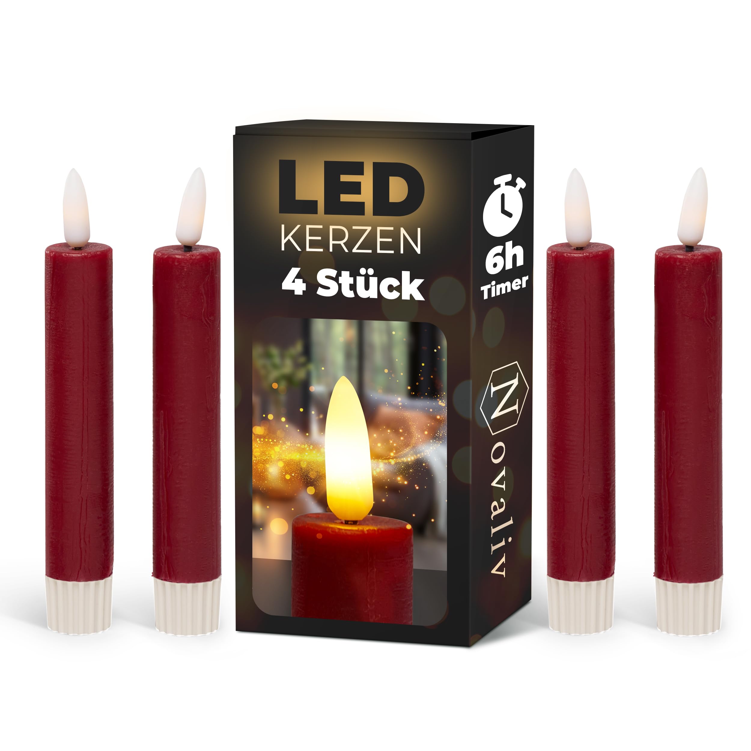 Novaliv Stabkerzen LED mit Timer ROT 4 Stück Indoor 6 Stunden