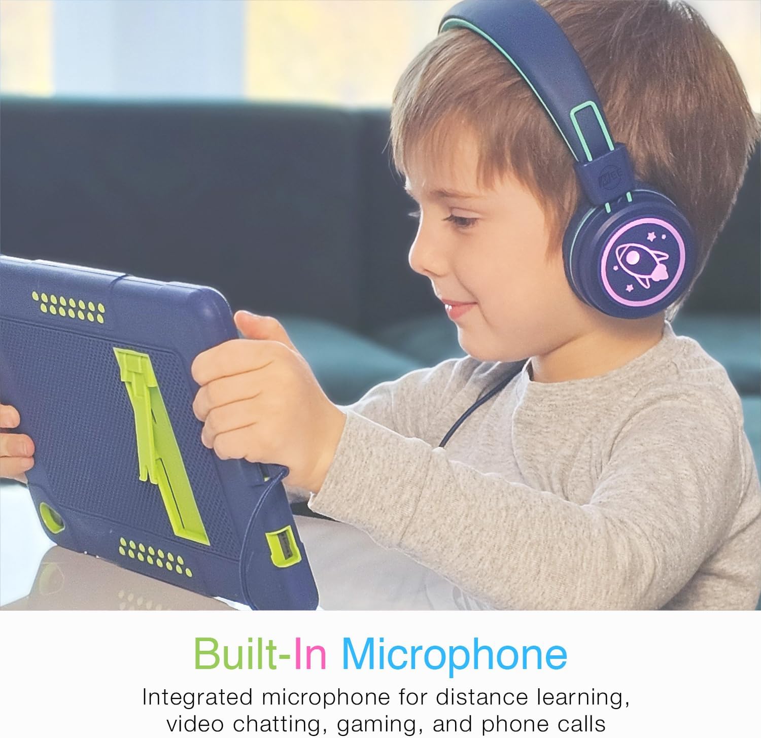MEE audio KidJamz KJ55 Safe Listening USB-C Headphones for Children with Multicolor LED Lights, Volume Limiter, & Microphone; On-Ear Wired Kids Headset for iPhone 16, iPad, & USB Type C Devices (Blue)