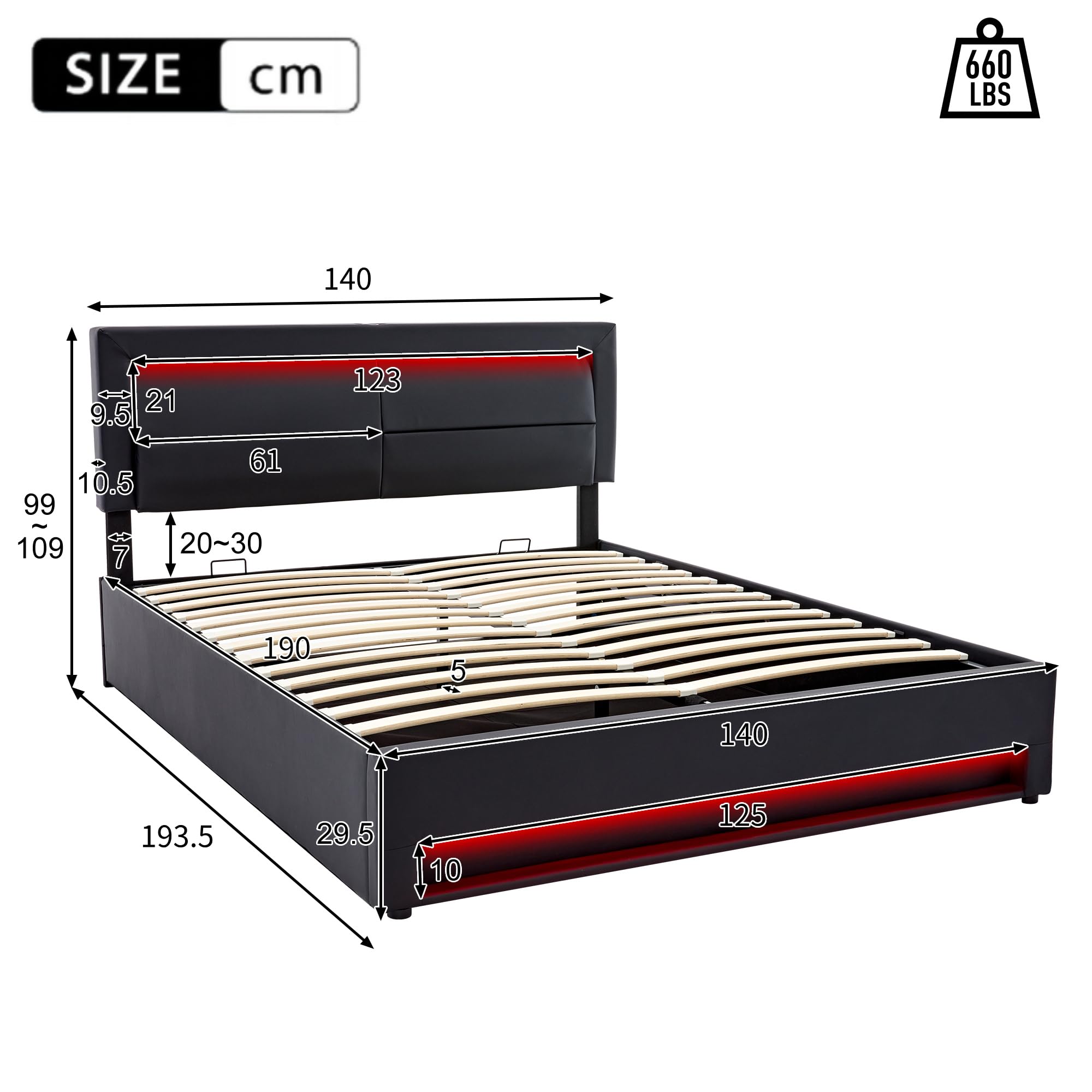 Lit rembourré 140 x 190 cm, Avec Espace de Rangement, sans matelas, PU-Lychee Design, Noir