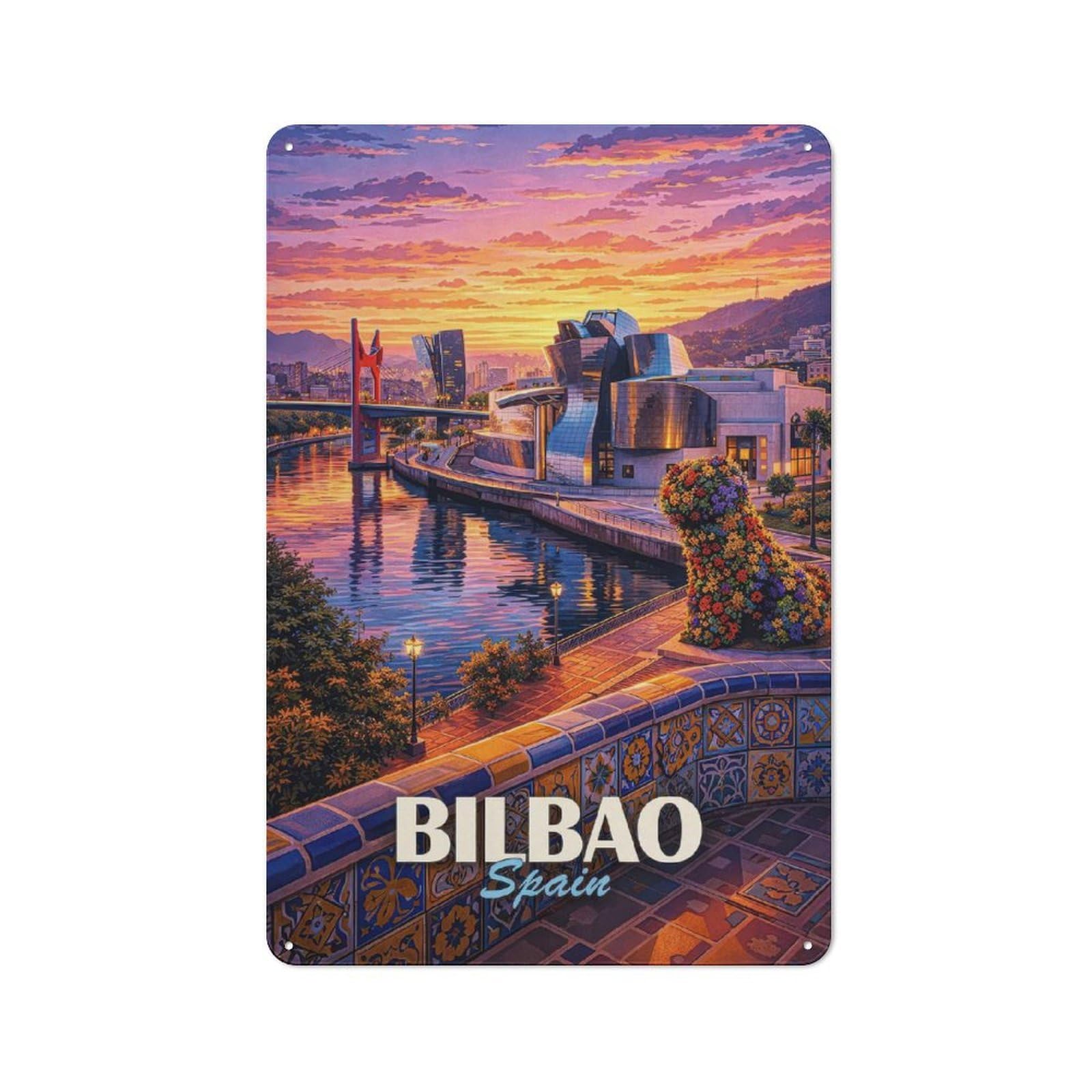 Junmoney Style-12 Metal Sign 30X20cm With Bilbao Spain Cityscape At Sunset For Hallway Wall, Retro Decor, Gift For Hallway Decor Lovers During The Christmas Season