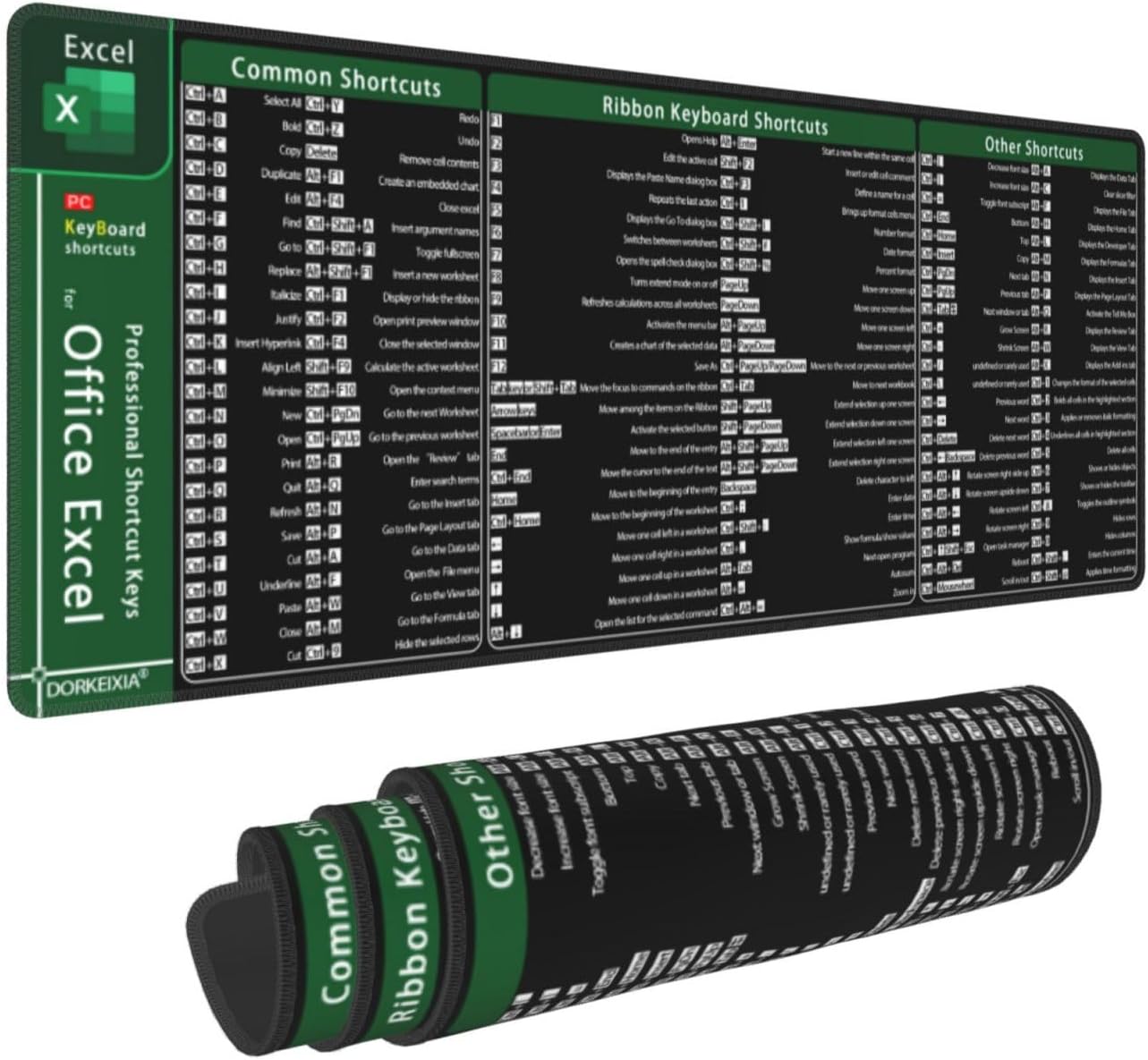 Excel Shortcuts Keys Computer Office Command Short Cut Keys Gaming Mouse Pad 31.5 X 11.8 Inch XL Extended Large Keyboard Non-Slip Rubber Base with Stitched Edges for Home Office
