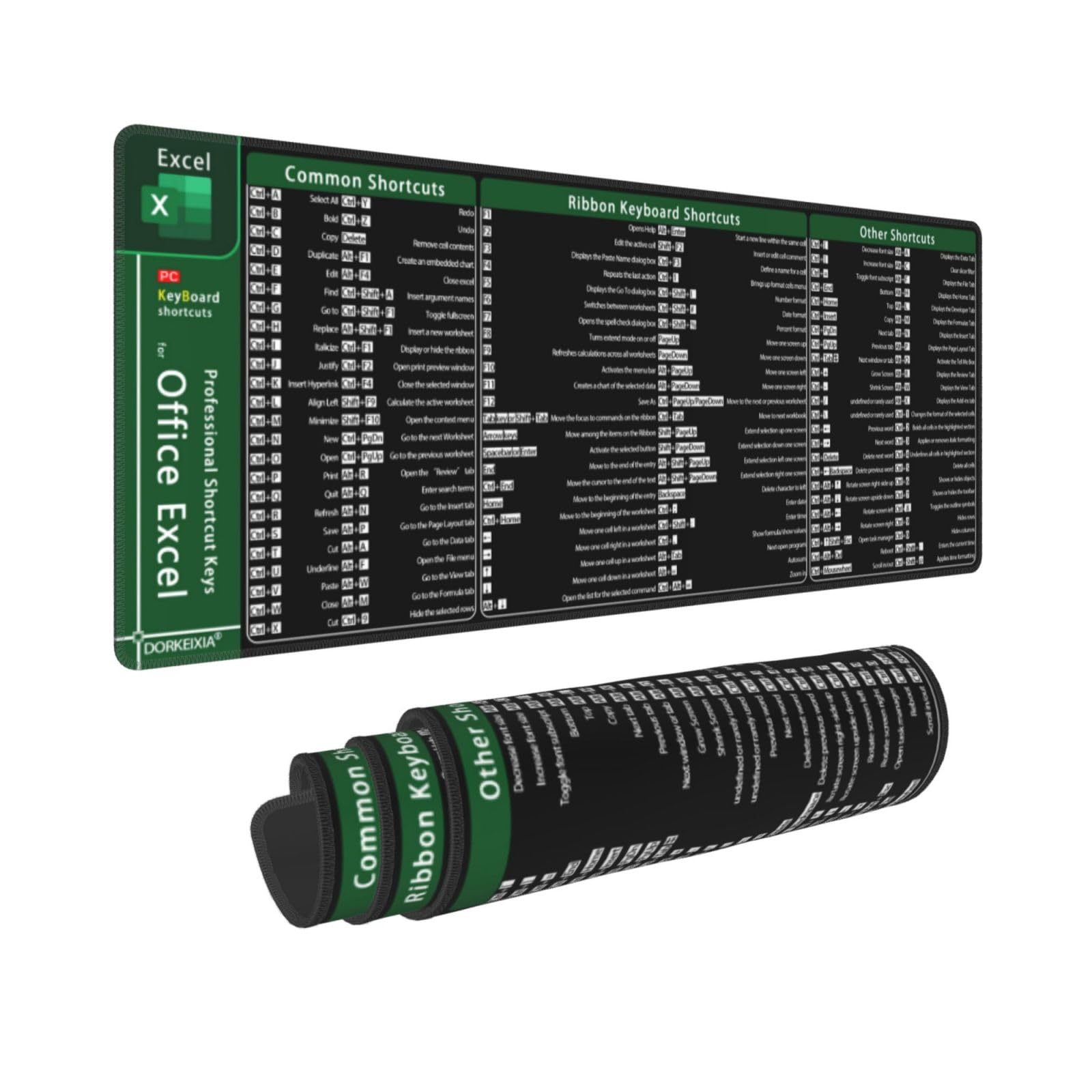 Excel Shortcuts Keys Computer Office Command Short Cut Keys Gaming Mouse Pad 31.5 X 11.8 Inch XL Extended Large Keyboard Non-Slip Rubber Base with Stitched Edges for Home Office