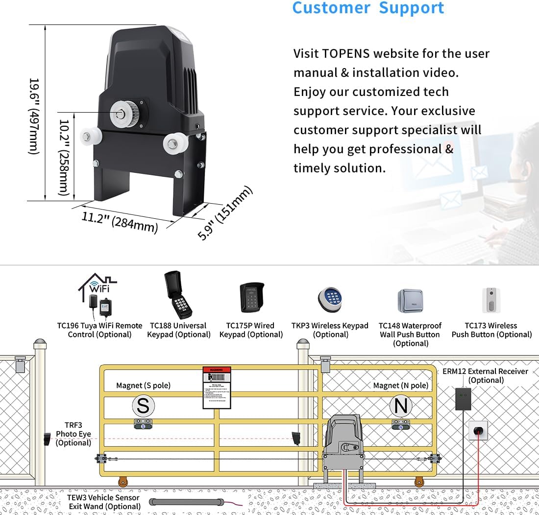 TOPENS BK800 Automatic Sliding Gate Opener Strong Belt Silent Drive Electric Gate Motor for Heavy Driveway Slide Gate Up to 1800 Pounds, Gate Operator AC Powered with 40ft Belt and Remote Control