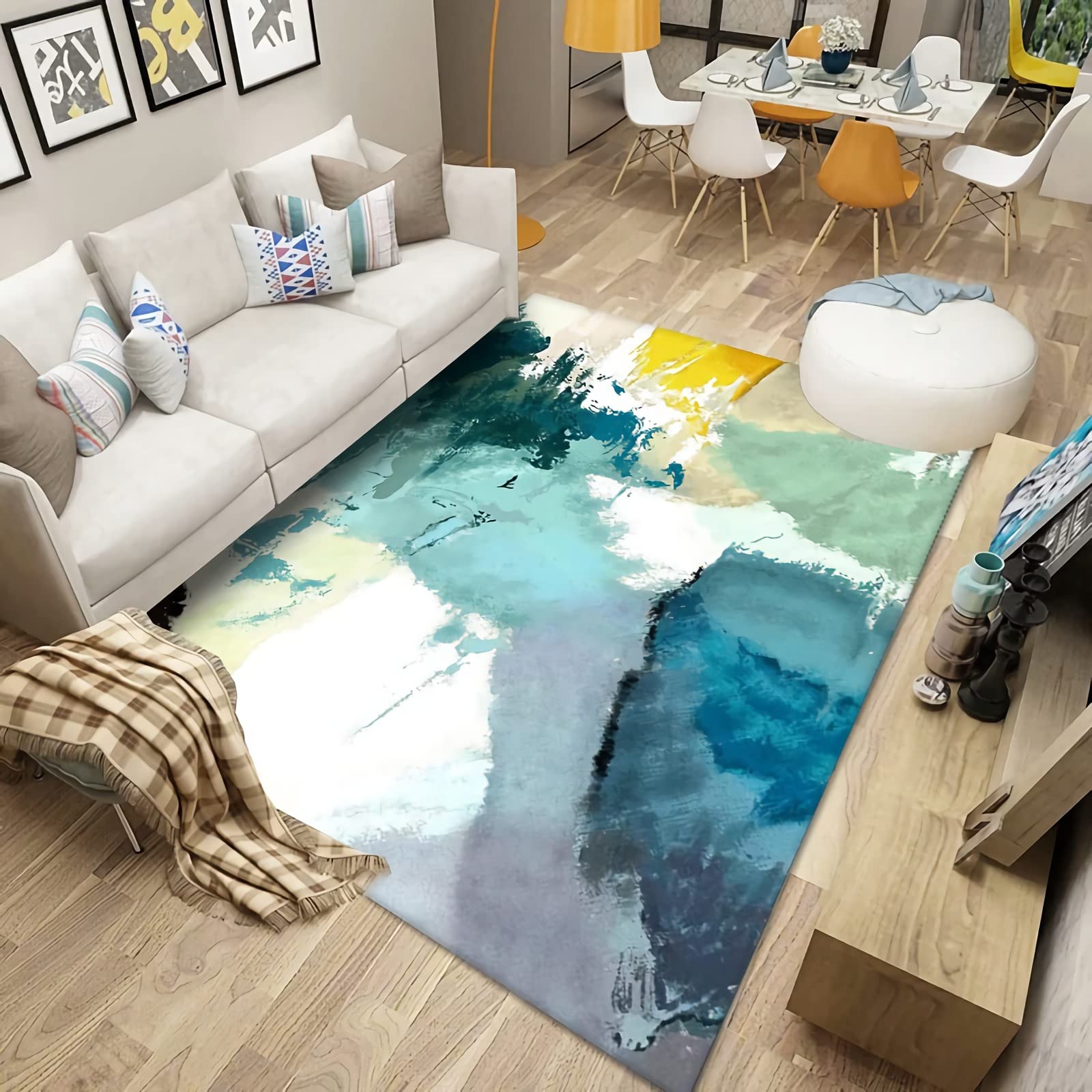 Tapis Chambre ado Tapis Tapis Chambre ado Conception de Peinture à l'encre Abstraite Moderne Bleu Vert Jaune Deco Chambre 80x120cm