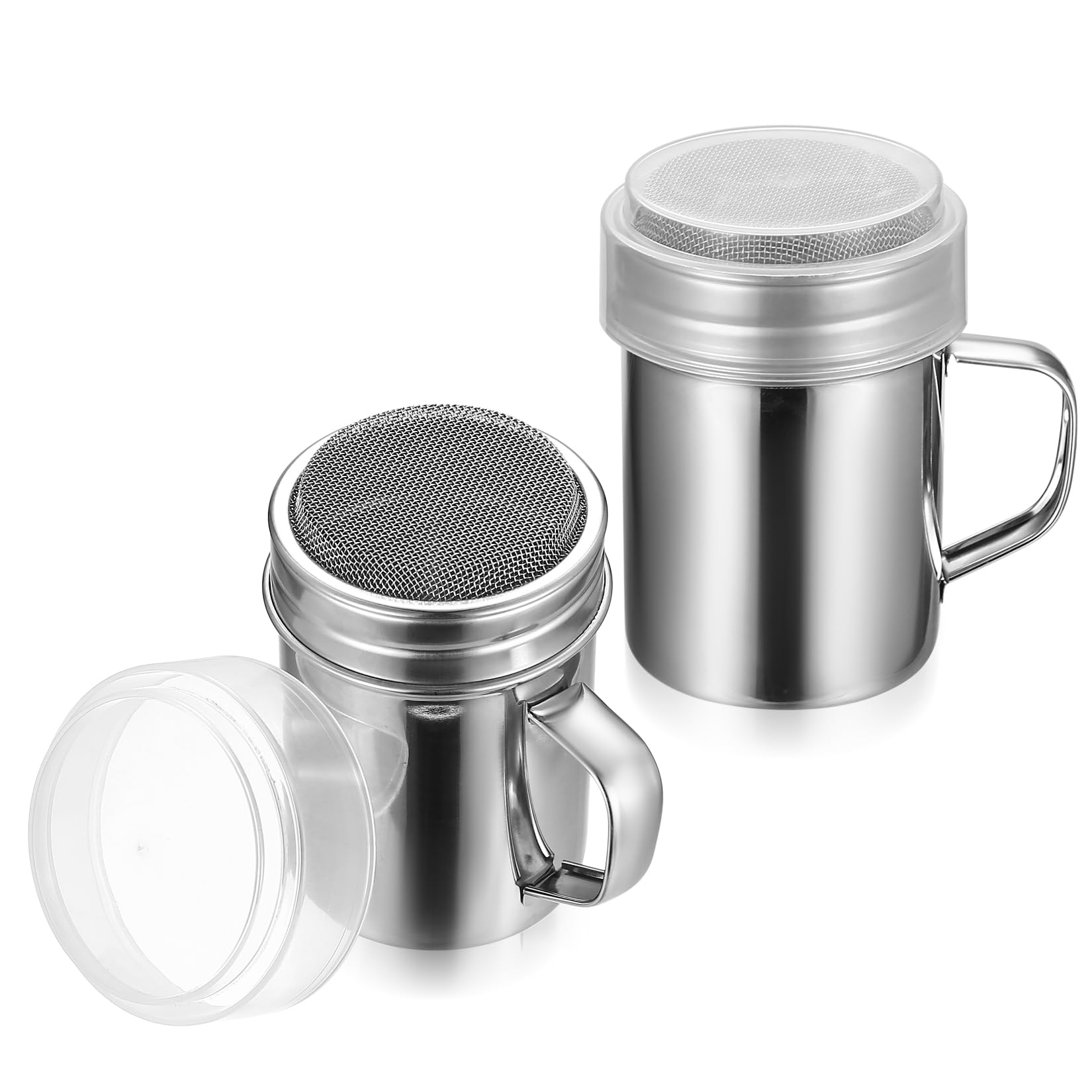 2 Pcs Flour Icing Sugar Shaker Duster, Stainless Steel Chocolate Powder Shakers Sifter Bottle with Fine Mesh Sieve, for Salt Seasoning Herb Cappuccino Cocoa Powder Spice Coffee Flour Shaker with Lid