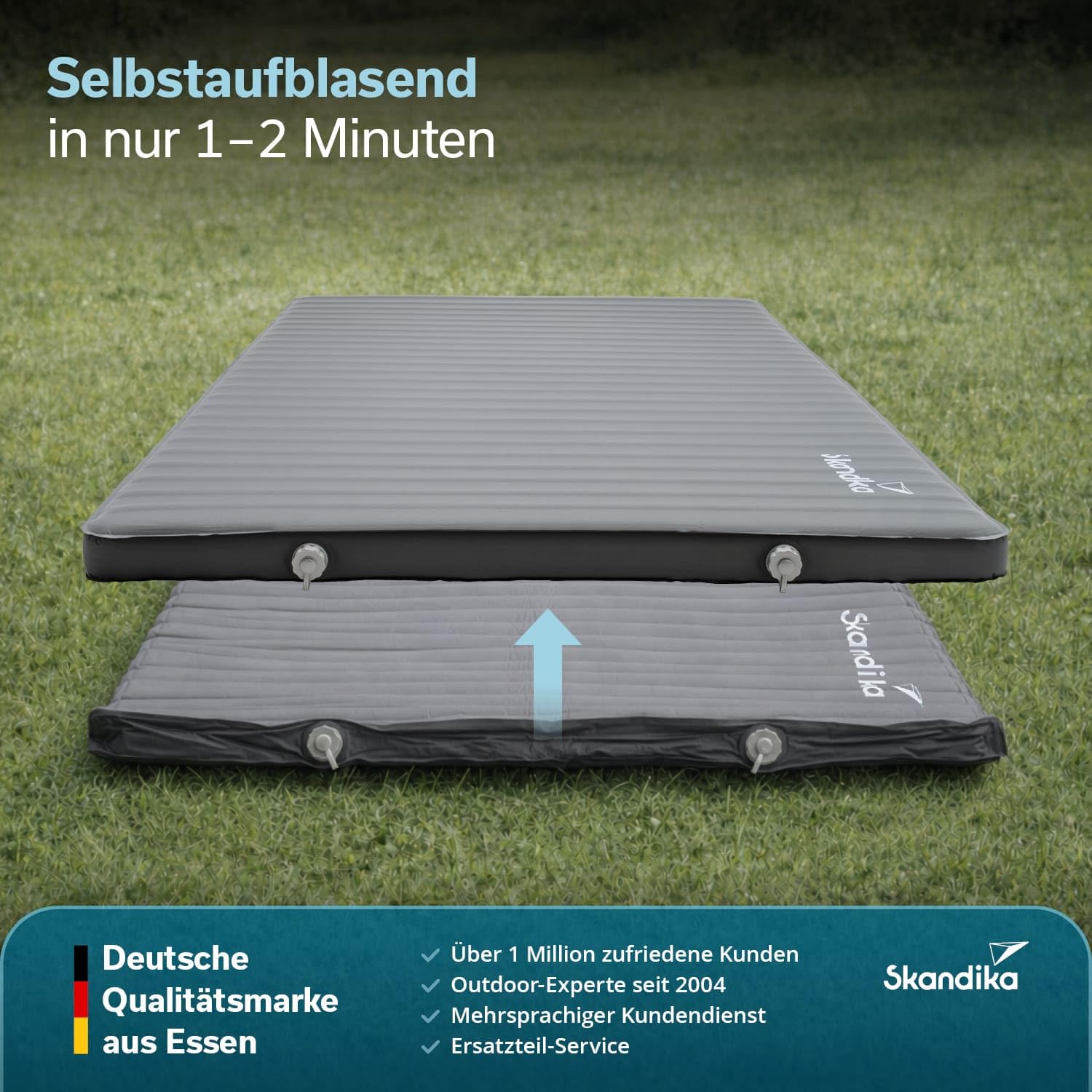 Skandika Karimata Easy 3D Premium Compact | materac dmuchany dla 2 osób, samopompująca, z workiem z pompką, wodoodporna, powierzchnia Softtouch, obciążenie do 300 kg, do aktywności na świeżym