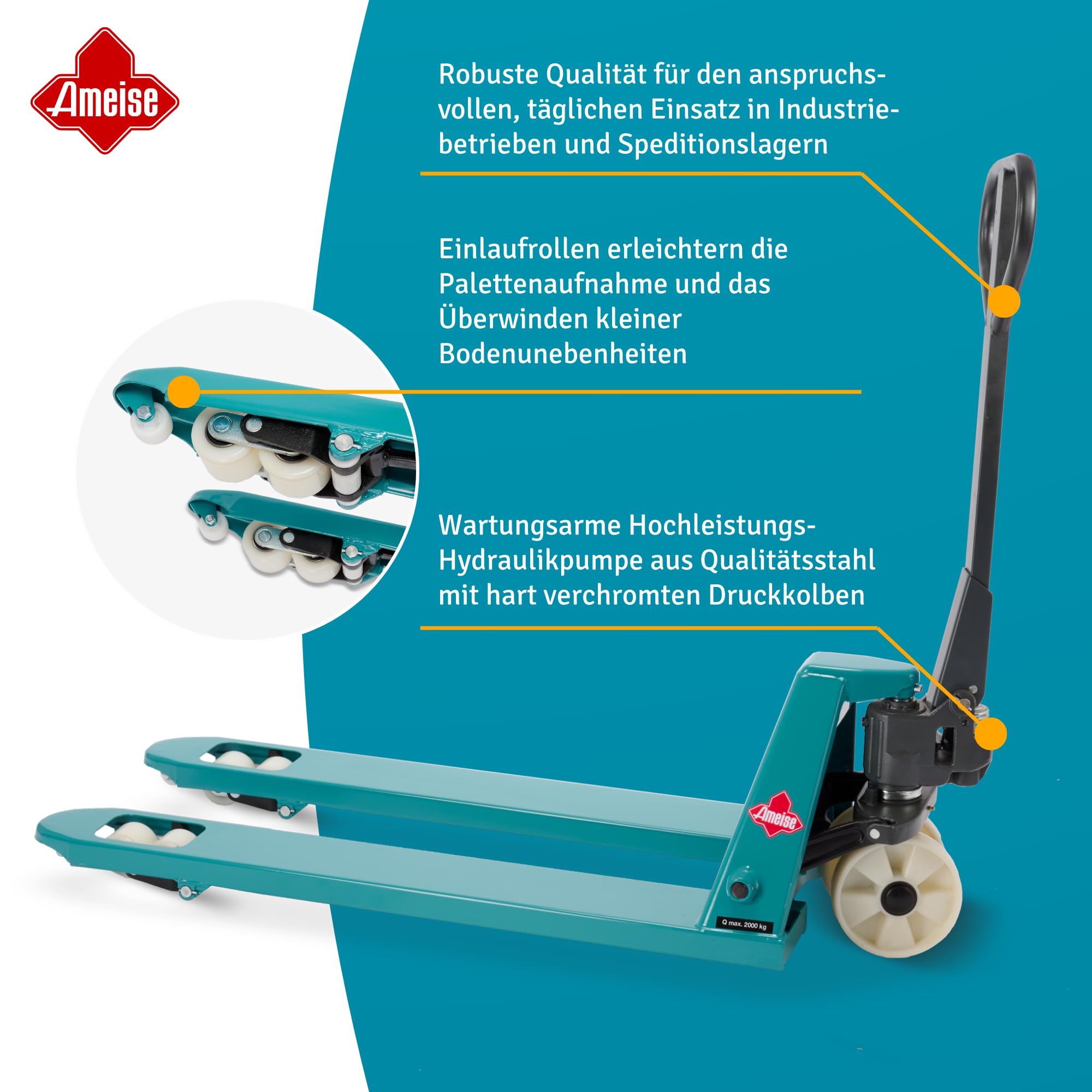 Ameise Hubwagen PTM | 2.000 kg Tragkraft | 1.150 mm Gabellänge | Lenkrad/Gabelrolle aus verschleißarmen Nylon | Tandem-Gabelrollen | Palettenhubwagen