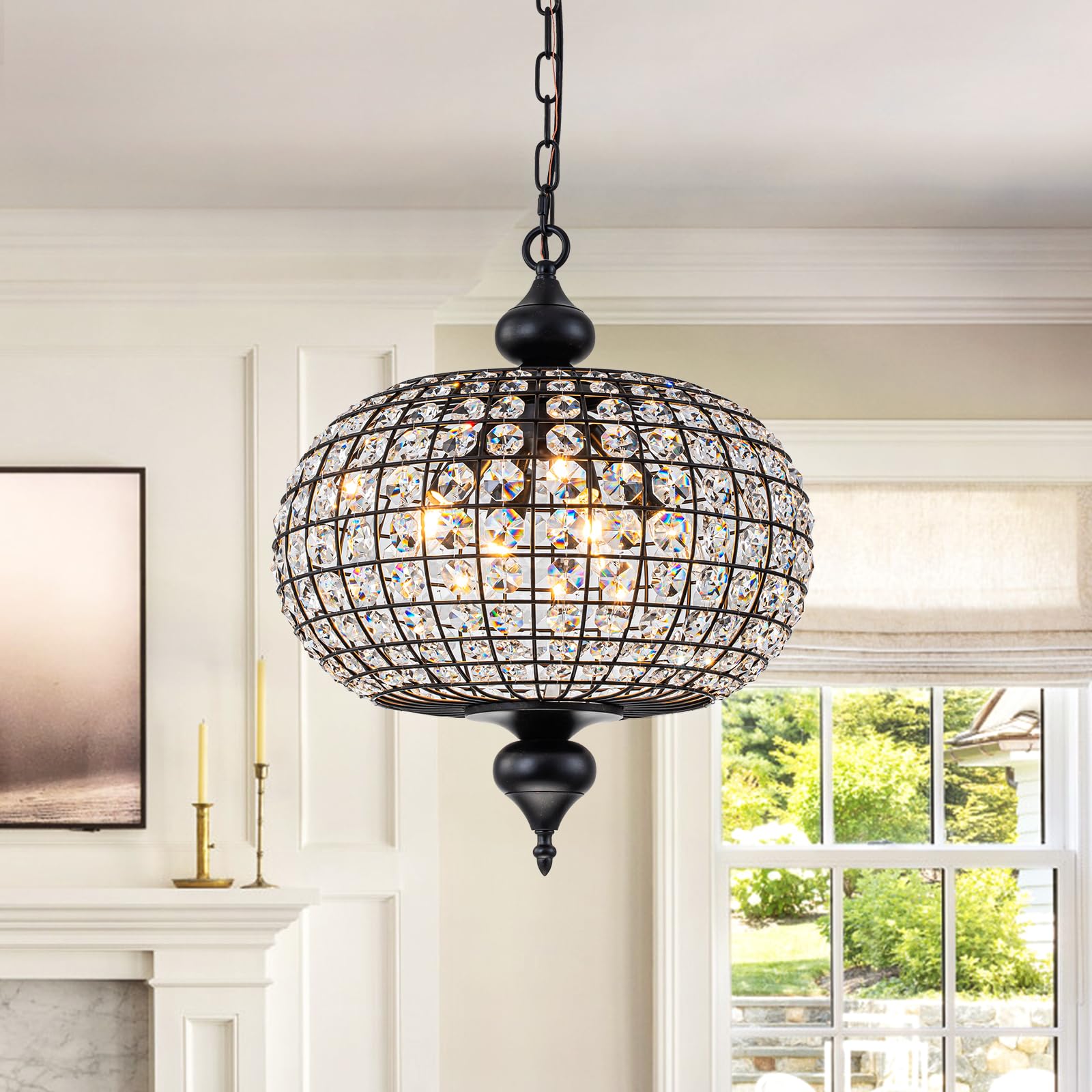 Gold Crystal Chandelier, 16.5" Modern 4-Light Round Crystal Pendant Light Antique Globe Foyer Chandelier for Dining Room Living Room — Amazon image 13