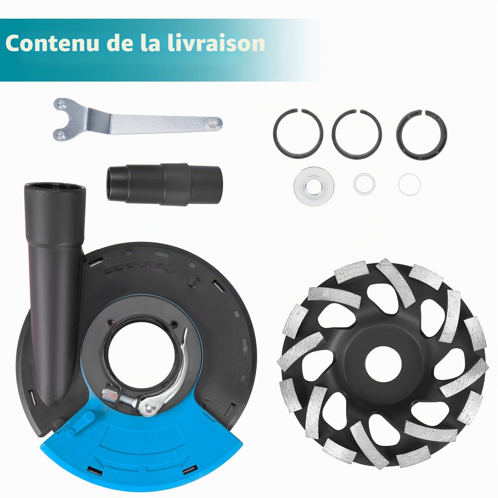 ONEVAN Kit de tête de meuleuse diamantée, ponceuse à béton, protection d'aspiration universelle pour meuleuse d'angle 125 mm avec couronne de brosse remplaçable, travail sans poussière pour béton