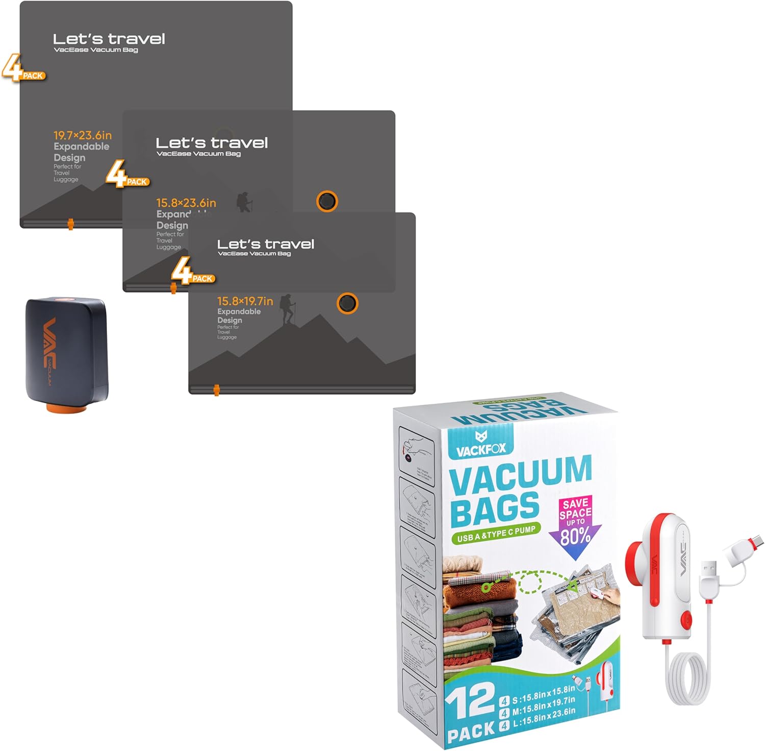 Travel Vacuum Bags with Wireless Pump, 58KPa Suction, for Maximum Compression in Luggage, Suitcase, Travel and Home Use for Clothes and Blankets