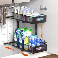 Housolution 2 szintes mosogató alatti tárolórendszer csúsztatható fiókokkal, magasságállítható, fekete, 2 darab - 1 Stück, Mittel-22cm Breit, Black 1