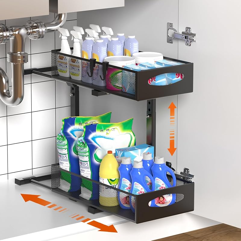 Housolution 2 szintes mosogató alatti tárolórendszer csúsztatható fiókokkal, magasságállítható, fekete, 2 darab - 1 Stück, Mittel-22cm Breit, Black