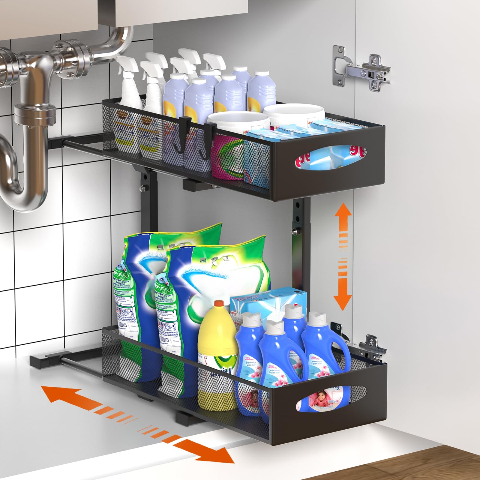 Housolution 1 Pack Under Sink Organizer, 2 Tier Metal Pull Out Under Sink Storage with Sliding Mesh Drawers, Height Adjustable Slide Out Under Sink Organizer for Kitchen Bathroom Cabinet, Black