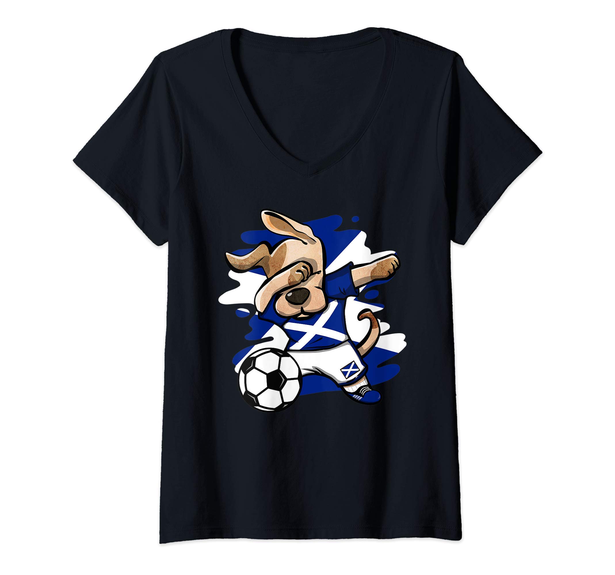 Teeisle Scotland SoccerWomens Dab Dog Scotland Soccer Fans Jersey Scottish Flag Football V-Neck T-Shirt