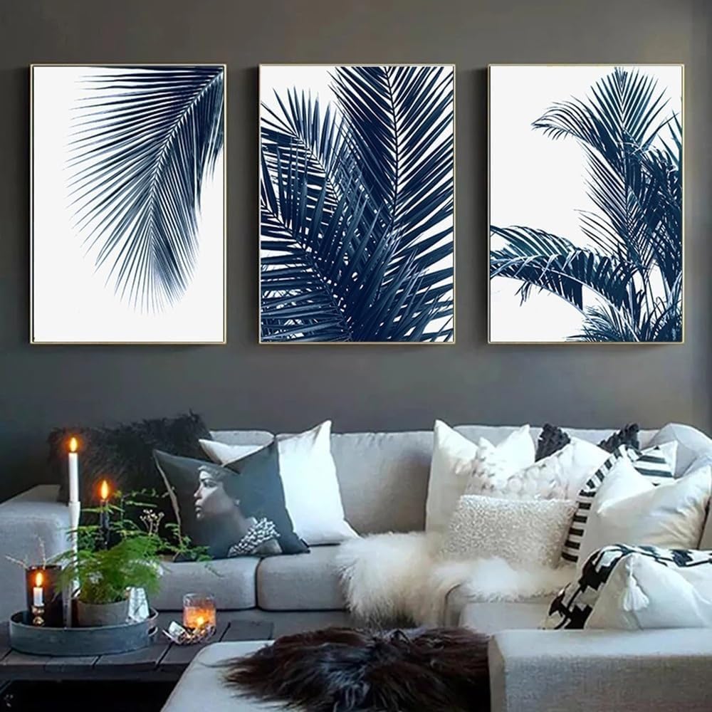 HURCP Set Of 3 Canvas Poster Nordic Navy Blue White Palm Leaf Abstract Botanical Large Plant Wall Art Prints Gift Bedroom Living Room Dorm Gallery Corridor Decor Picture,A3 (30X42CM)