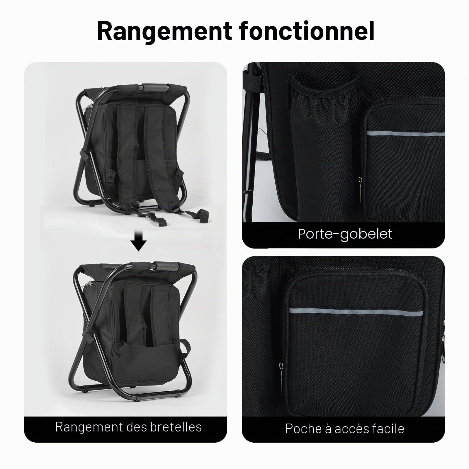 40CM Tabouret Pliable Camping avec Sac Isotherme 15L, Siege de Peche avec Sac à Dos, Compact et Fonctionnel, Chaise Pliante pour Chasse Pique-Nique, Noir