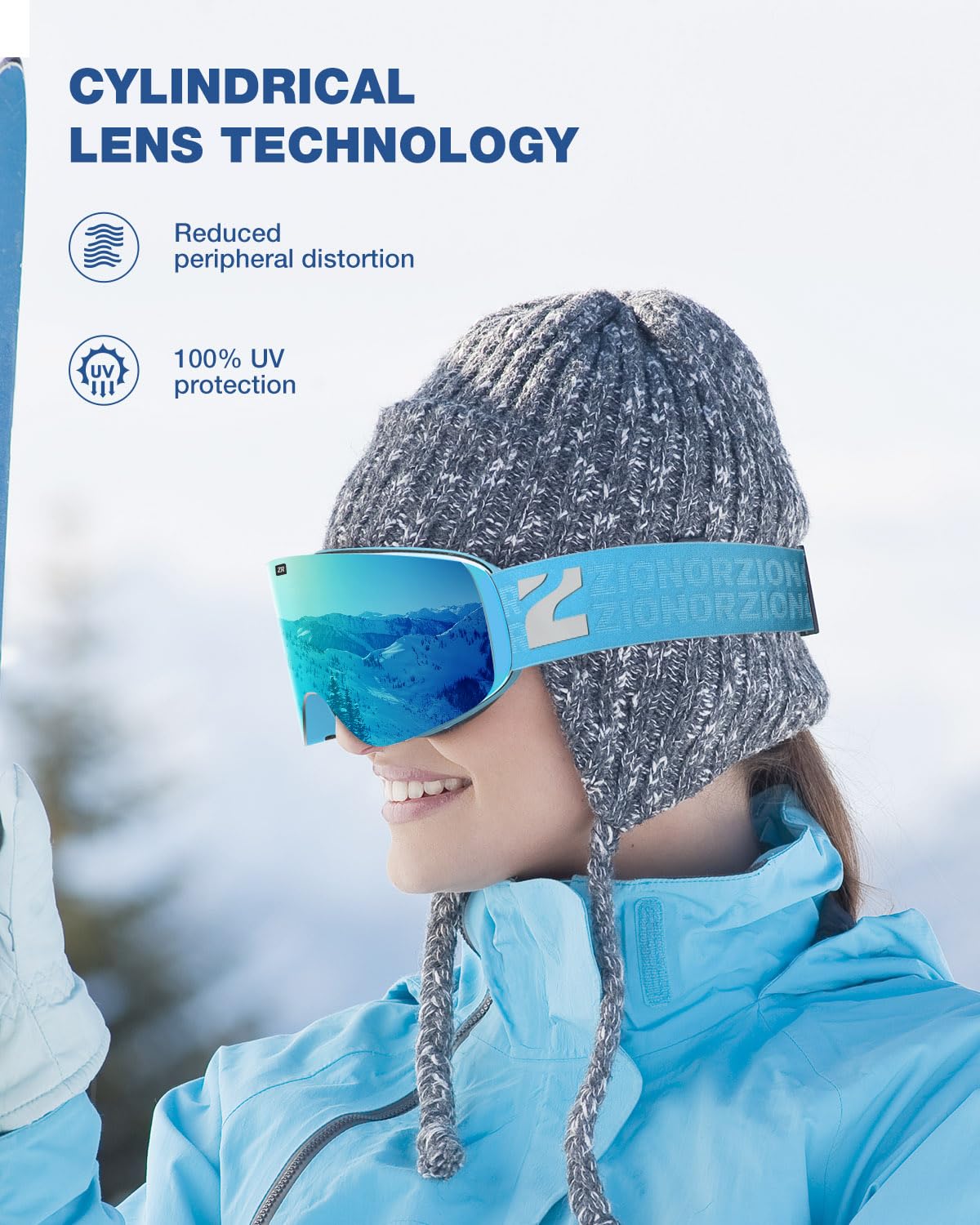 ZIONOR X11 Gogle narciarskie snowboardowe z magnetyczną wymienną soczewką cylindryczną przeciwmgielną ochrona przed promieniowaniem UV dla mężczyzn kobiet dorosłych (niebieska ramka RevoWhiteIceBlue