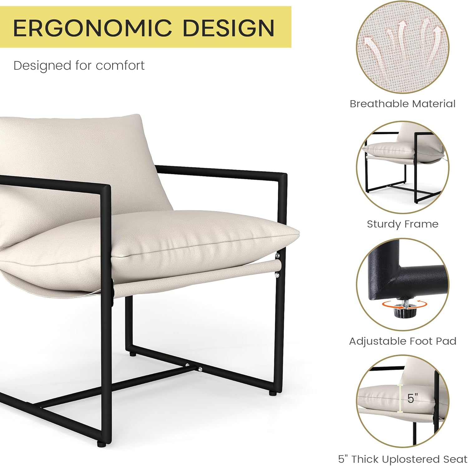 Kromax Sling Accent Chair, Set of 2, Cozy Living Room Chairs, Square Metal Frame, Upholstered Soft Cushion, Sponge, 28" x28“x32, Easy Assembly, Beige