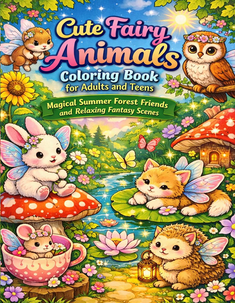 Cute Fairy Animals Coloring Book for Adults and Teens: Magical Summer Forest Friends and Relaxing Fantasy Scenes