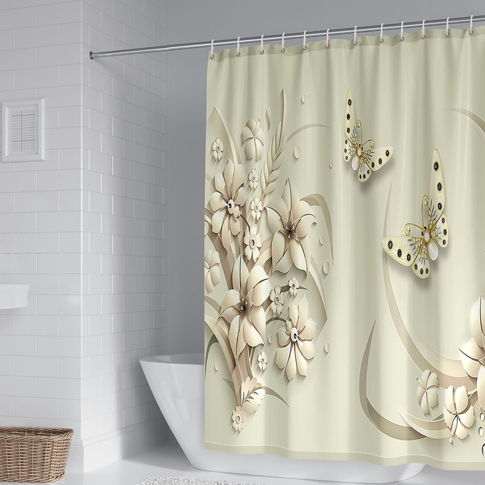 Duschvorhang 180X200, Textil Duschvorhang Beige 3D Blumen und Schmetterlinge Duschvorhang für Männer