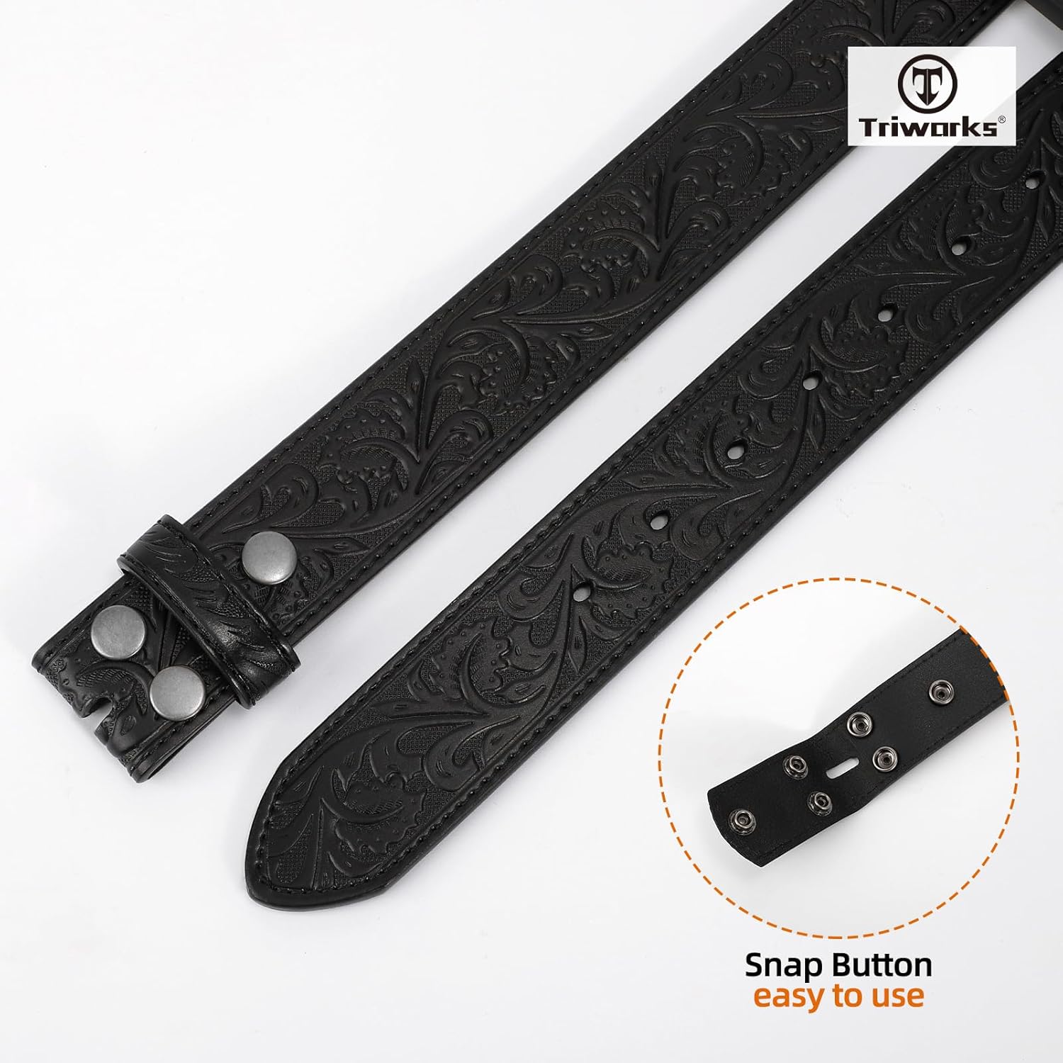 TRIWORKS Western Belt Strap for Men without Buckle 1.5" Wide Floral Engraved Embossed Leather Belt Strap - Image 3