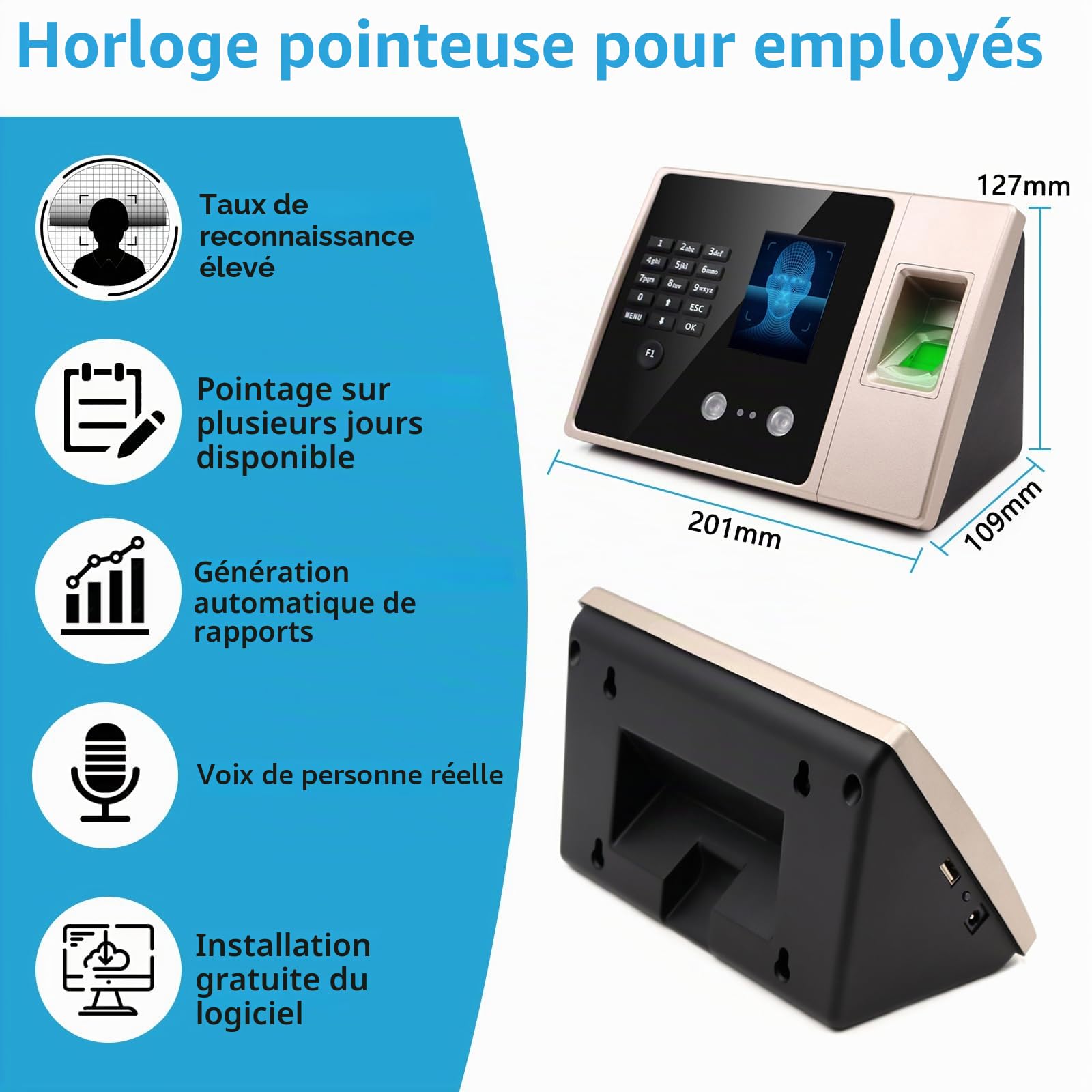 Pointeuse Horaire Personnel 4-en-1, Badgeuse avec Reconnaissance Faciale, Empreinte Digitale, Mot de Passe et Carte, Machine de Pointage Sans Réseau pour Entreprises avec Clé USB