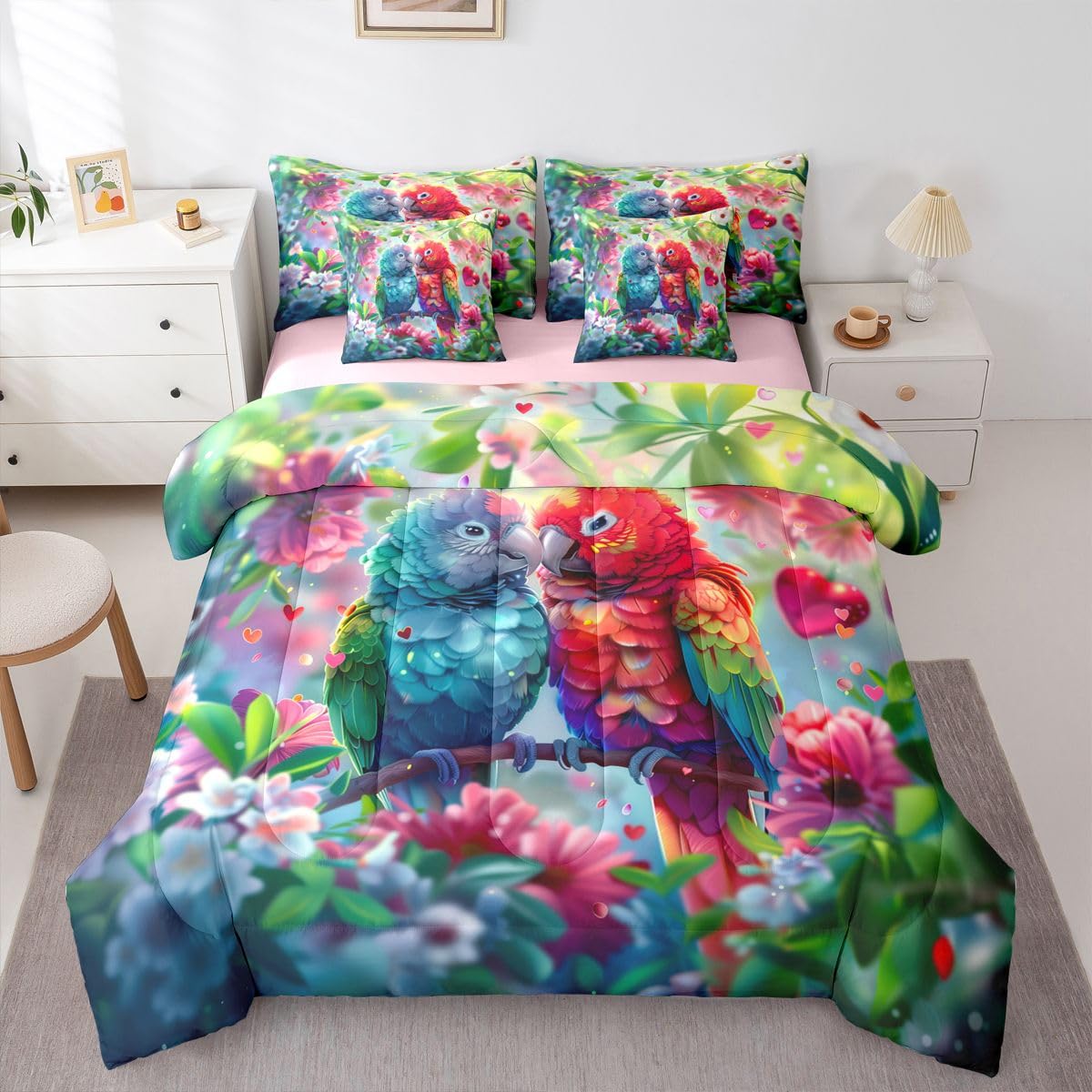 Castle Fairy Parrot Comforter Set 7 Pieces,Exotic Birds Bed Set for Adults,Tropical Jungle Animals Bedding King with 1 Comforter,1 Fitted Sheet,1 Flat Sheet,2 Pillowcases,2 Throw Pillow Cover