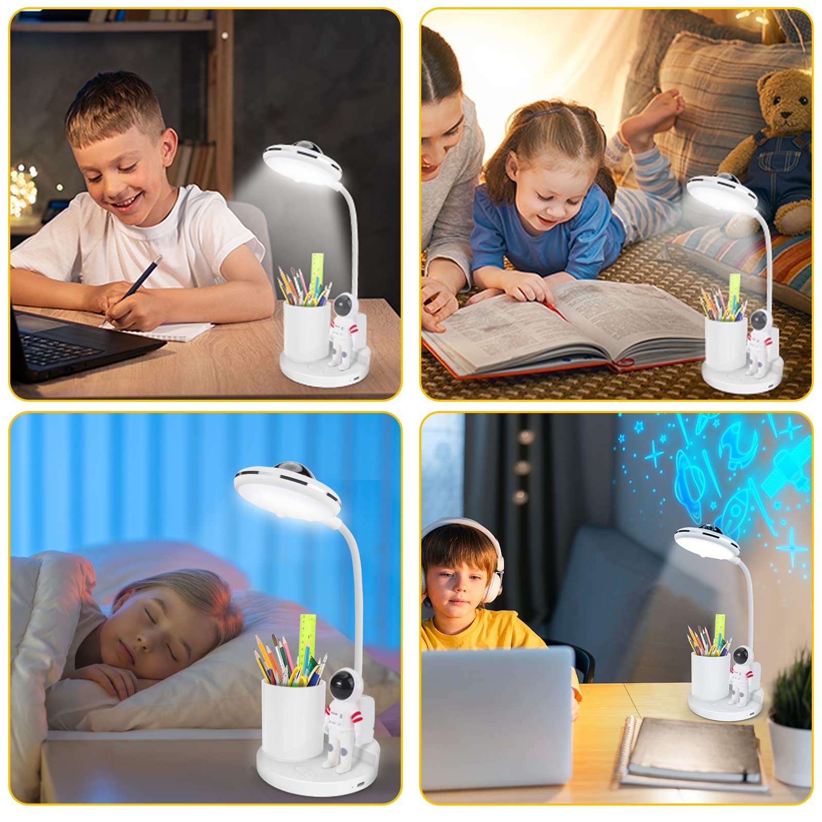 Schreibtischlampe Kinder, Schreibtisch lampe Dimmbare LED Tischlampe mit Stifthalter und Projektion, USB C Anschluss Nachttischlampe kinder, 360° Verstellbar Schwanenhals Leselicht