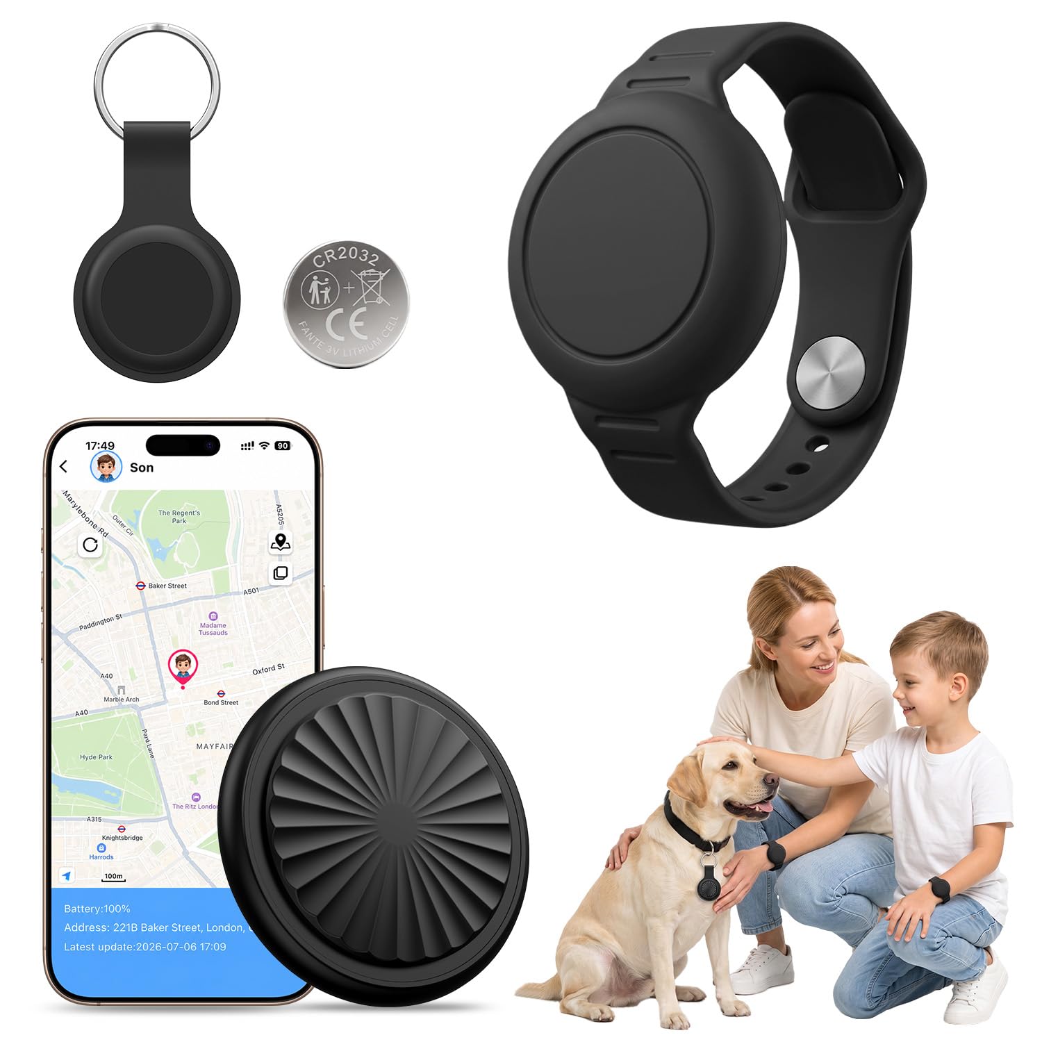 Traceur GPS Enfant, Traceur d'Enfant en Temps Réel Compatible iOS et Android, Sans Abonnement,Relecture de l'itinéraire sur 7 Jours, Bracelet en Silicone avec Cache étanche, pour Enfants/Seniors(Noir)