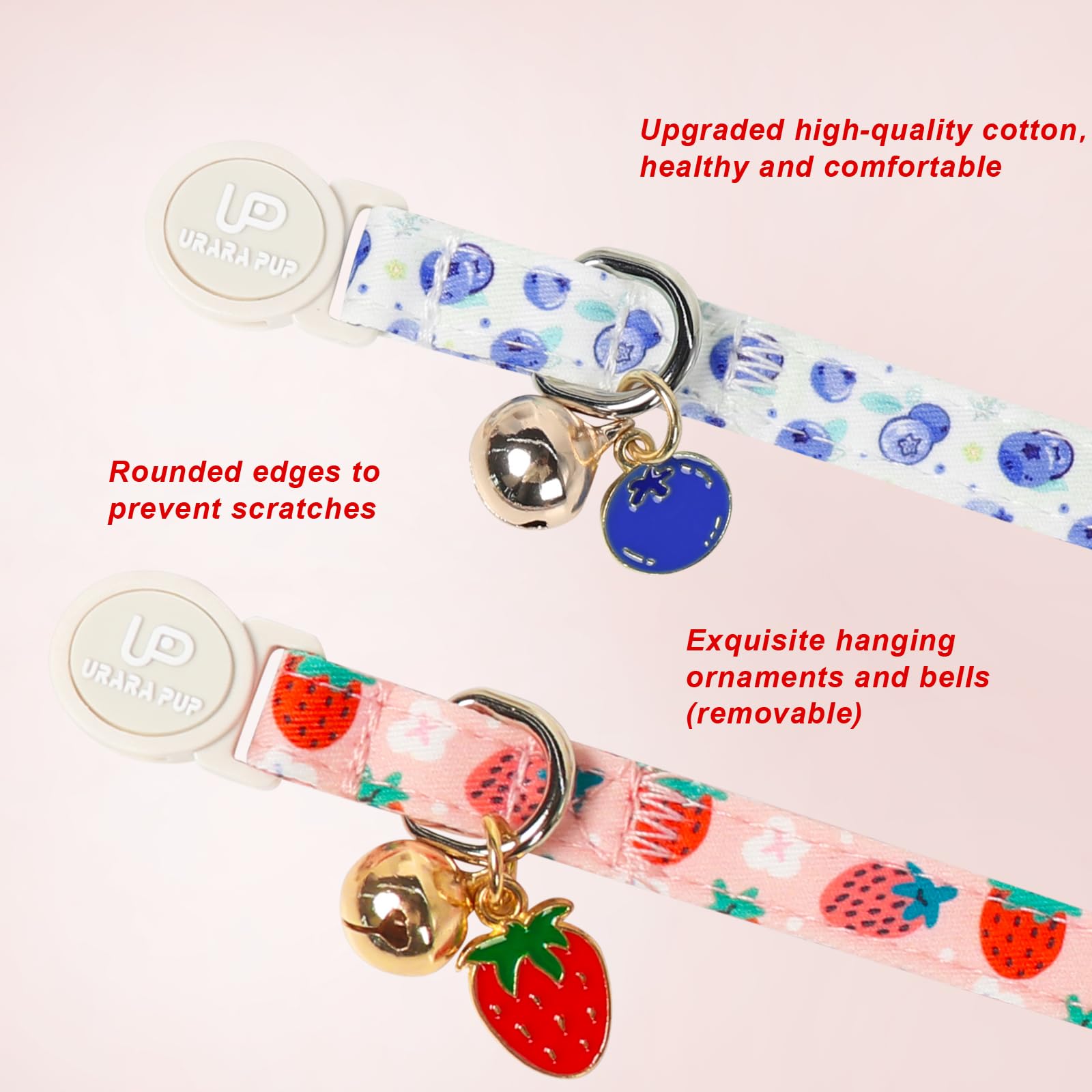 Lot de 2 colliers d'été pour chaton - Pendentif myrtille et pêche - Collier pour chat avec clochette - Pour chat fille et garçon