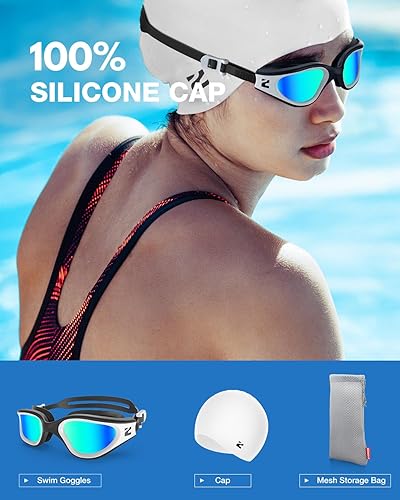 Vista 69 de ZIONOR G1 Lite - Juego de gafas de natación con gorro de natación, cómodas, antivaho para adultos, hombres y mujeres A1 (todo negro+C5 negro),A0