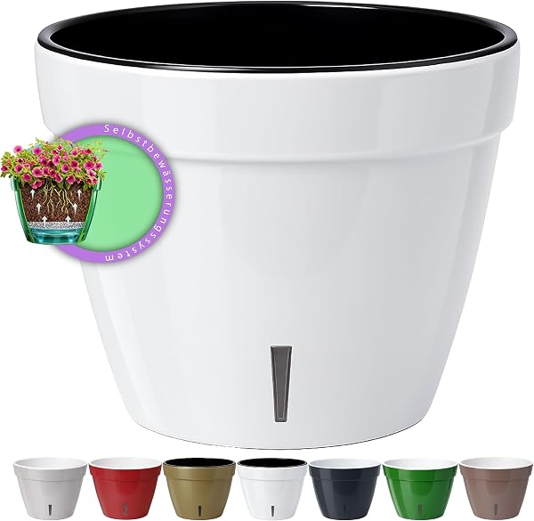 Santino Selbstbewässernder Blumentopf mit Wasserstandsanzeige für innen. Asti D 27cm.White-Black, 9L - 1