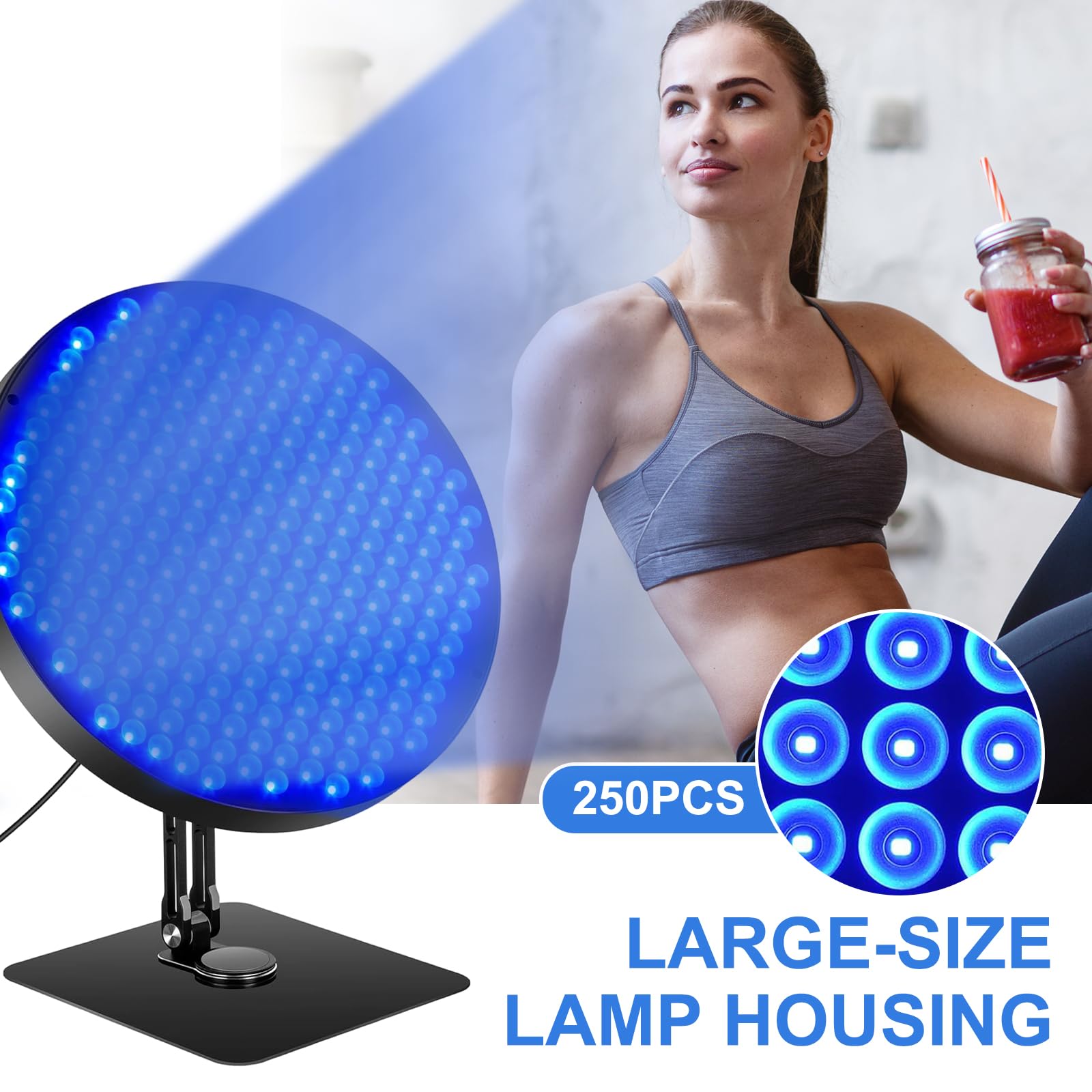 Solarium pour la maison, 460 NM, lampe de bronzage avec 250 LED, lampe de bronzage de 50 W avec lunettes solarium, support en métal réglable à 360 ° et minuterie, lampe de bronzage pour le corps et le