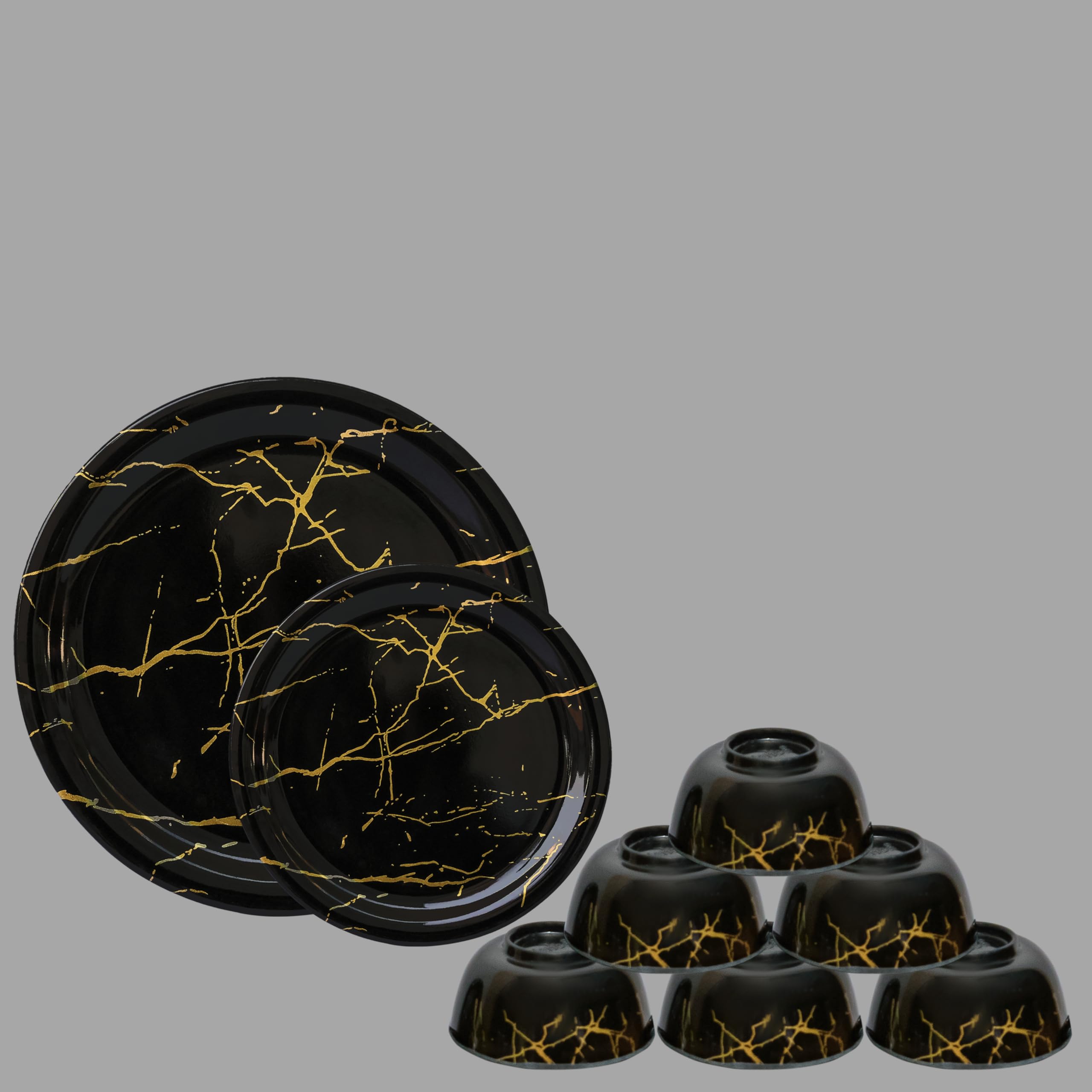 Serve N Style 18 Pieces Melamine Dinner Set | Stylish, Light-Weight, Unbreakable, Freezer Safe, Dishwasher Safe, Daily Use Crockery Set for Dining & Gifting | Round Shape (18PC OM-MarbelBlack)