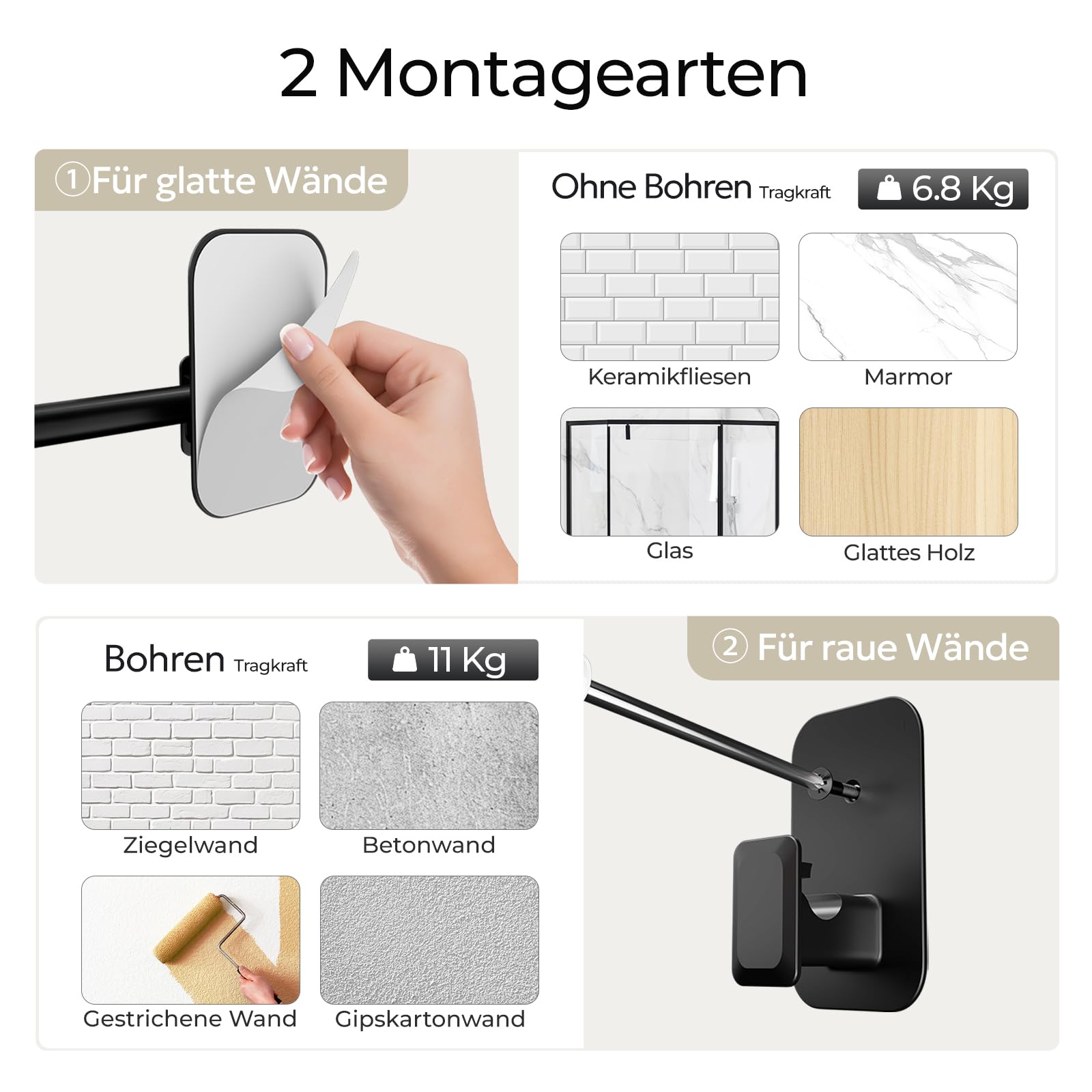 Tringle à Rideaux Sans Perçage 81-218 cm, Barre Extensible Noire Diamètre 16 mm, Supports Adhésifs Sans Trous, Idéal pour Locataires et Installation Temporaire